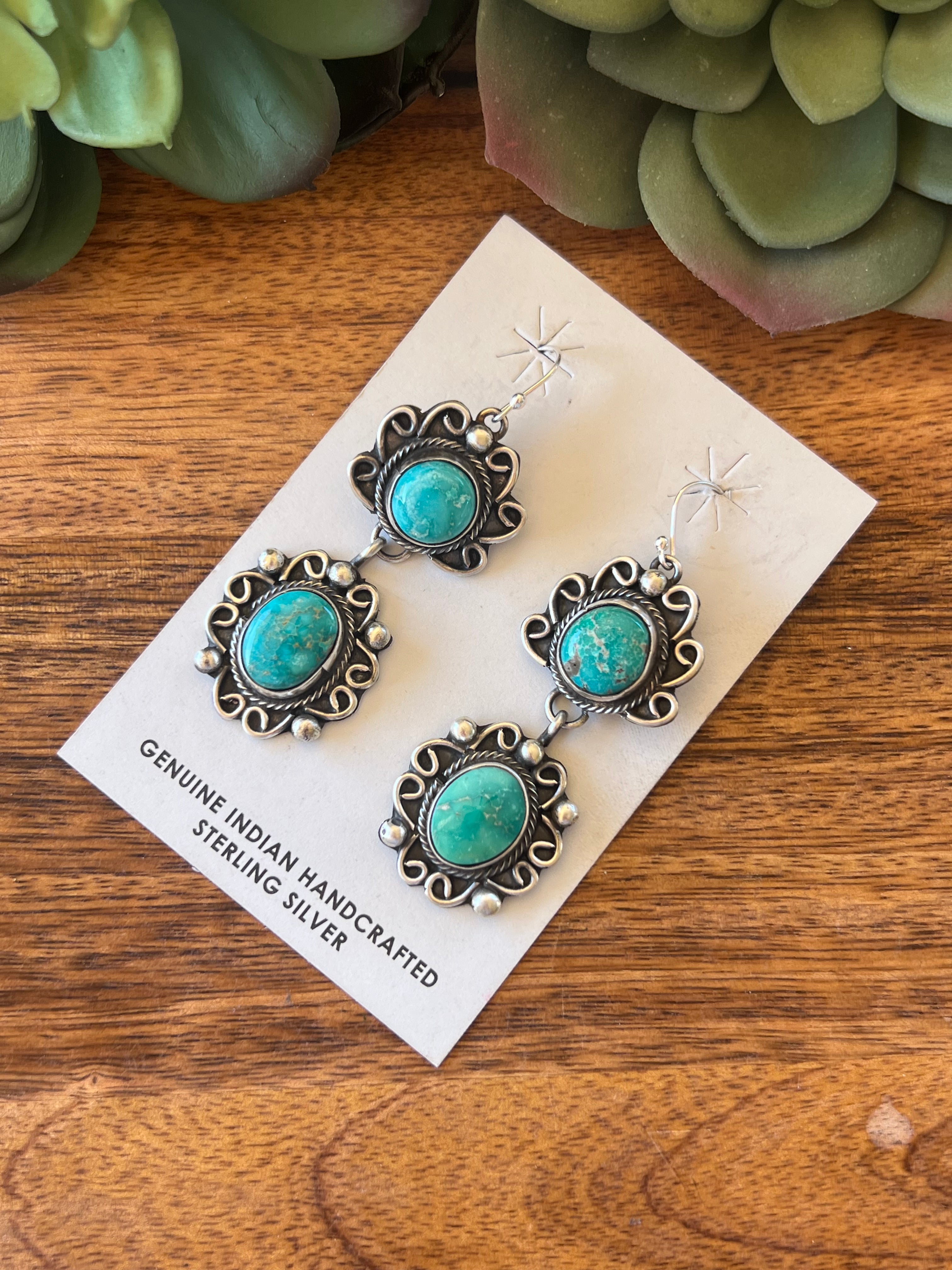 Navajo Made Sonoran Mountain Turquoise & Sterling Silver Post Dangle Earrings