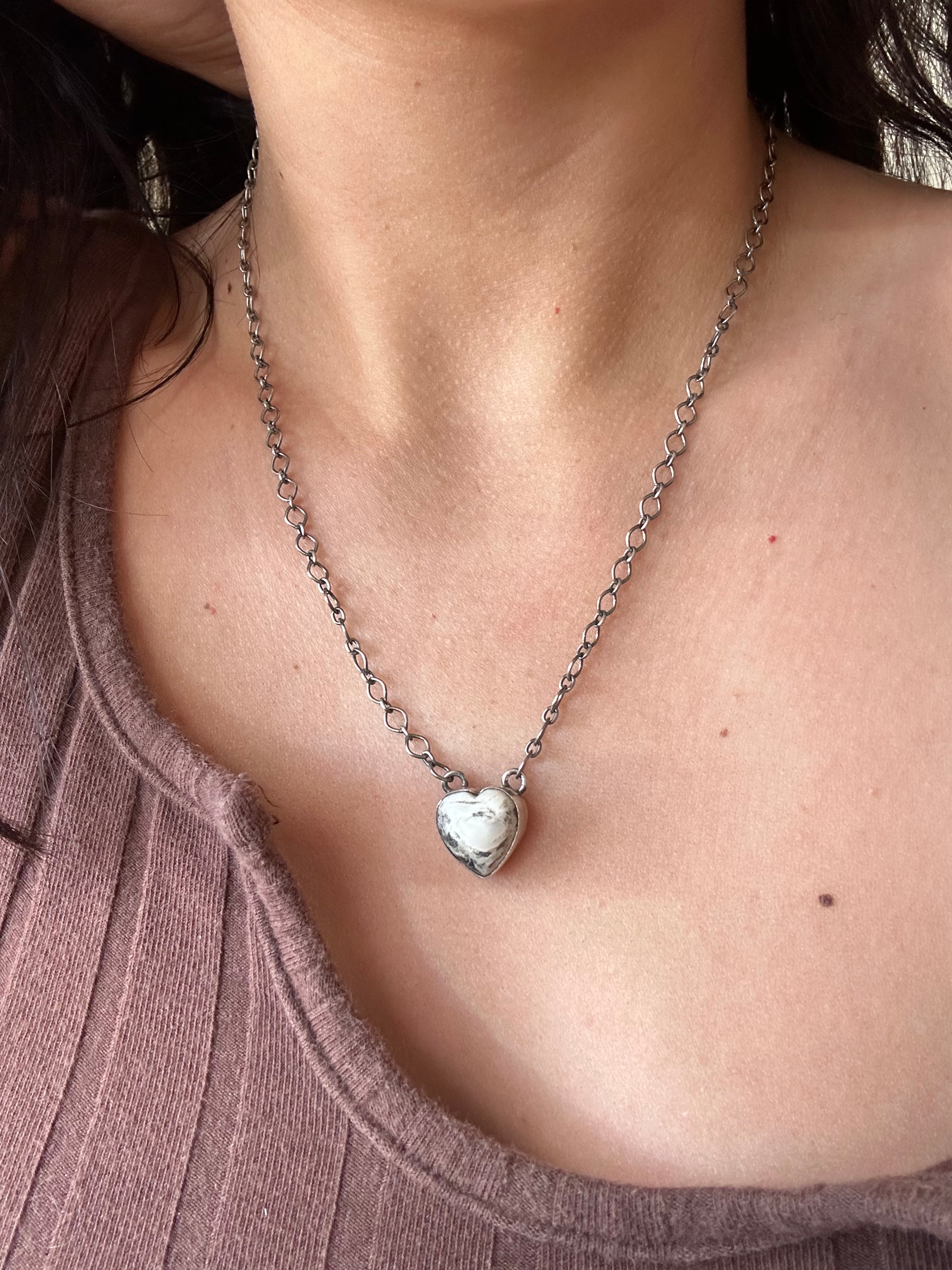 Navajo Made White Buffalo & Sterling Silver Heart Necklace