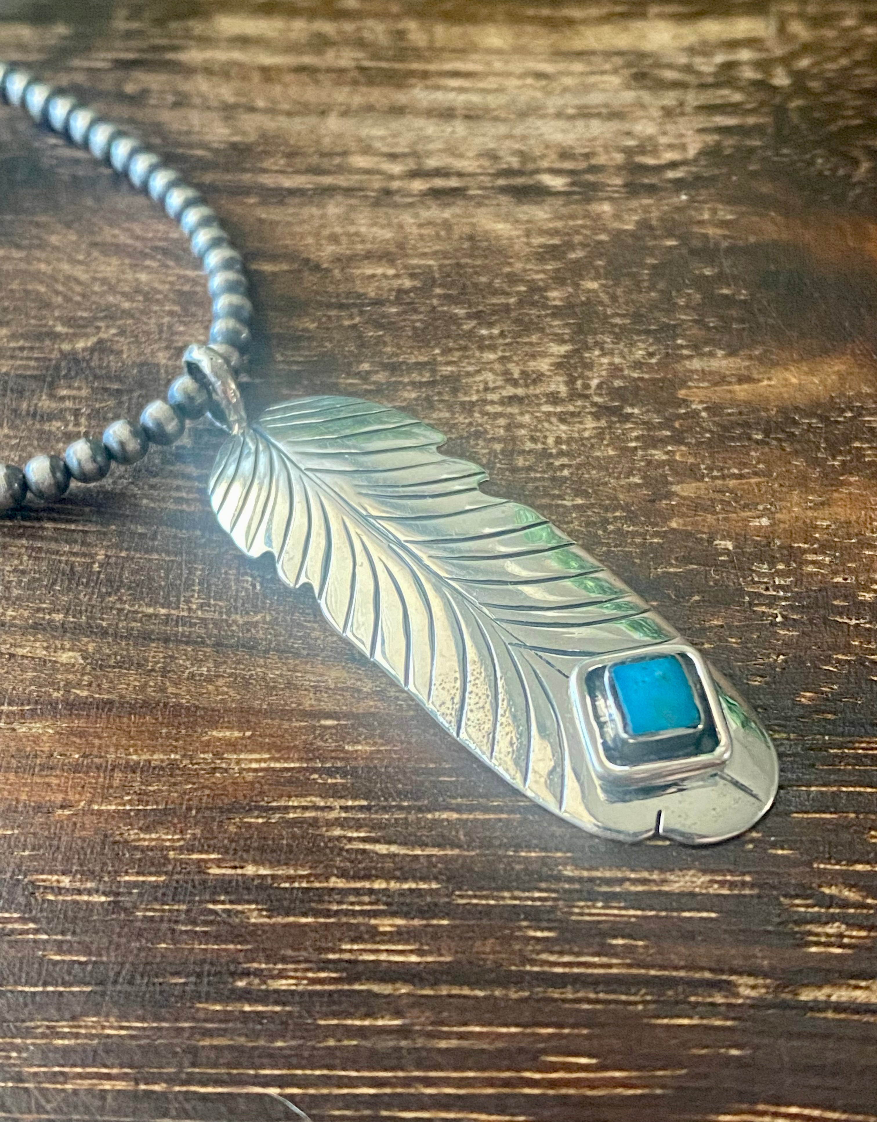 Navajo Made Kingman Turquoise & Sterling Silver Feather Pendant