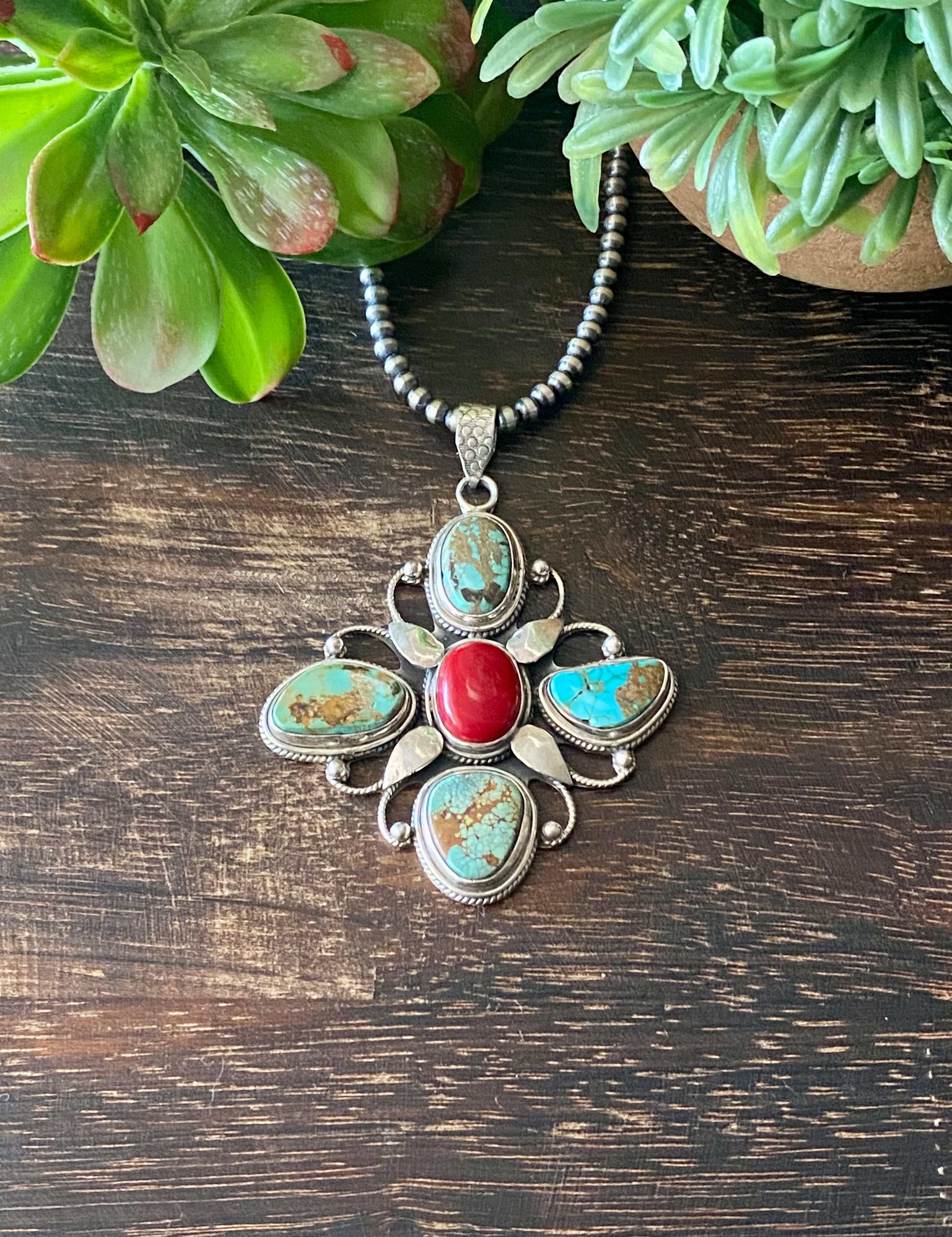 Navajo Made High Grade Royston Turquoise & Coral Sterling Silver Butterfly Pendant