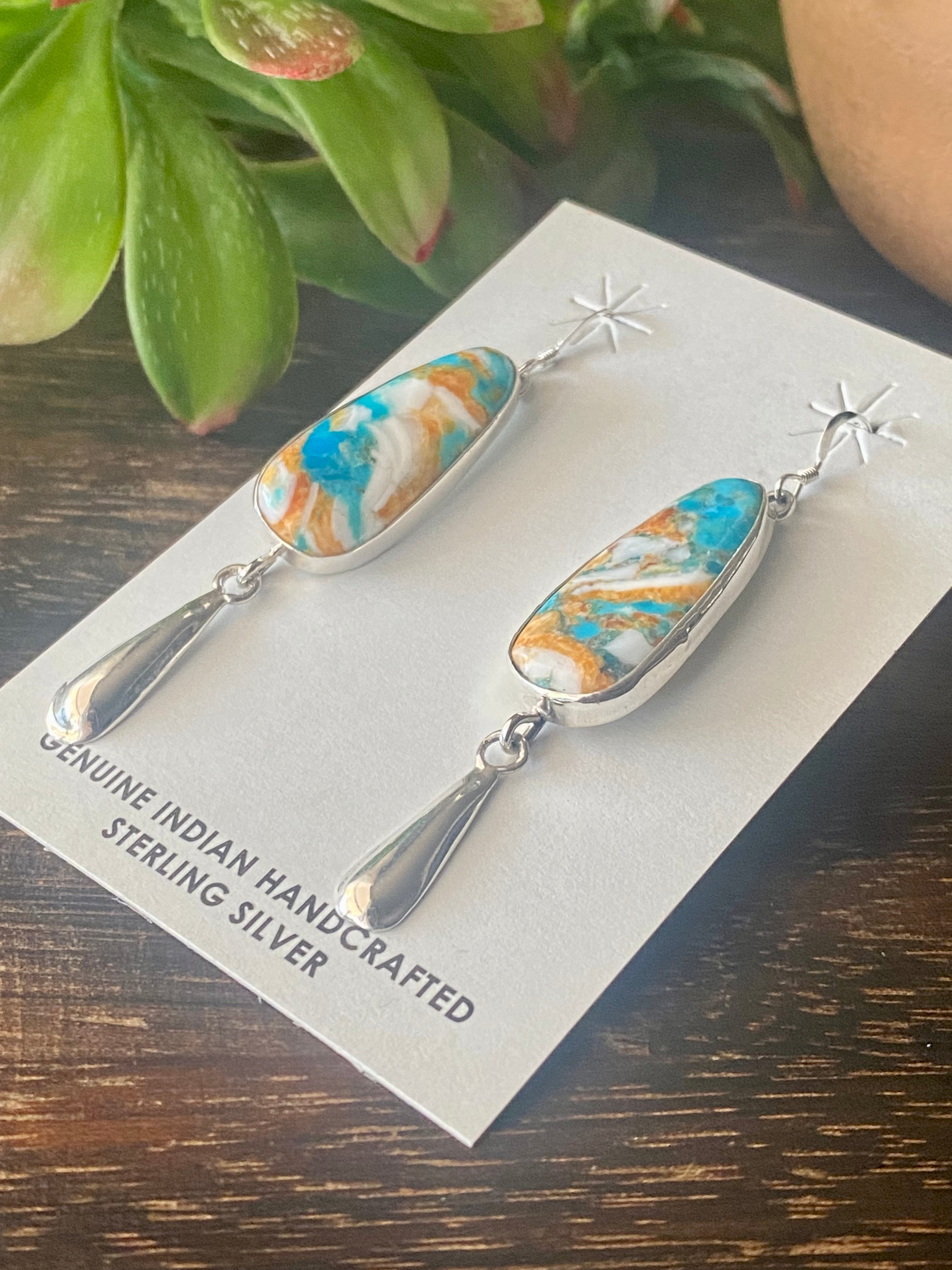 Navajo Made Mohave Turquoise & Sterling Silver Dangle Earrings