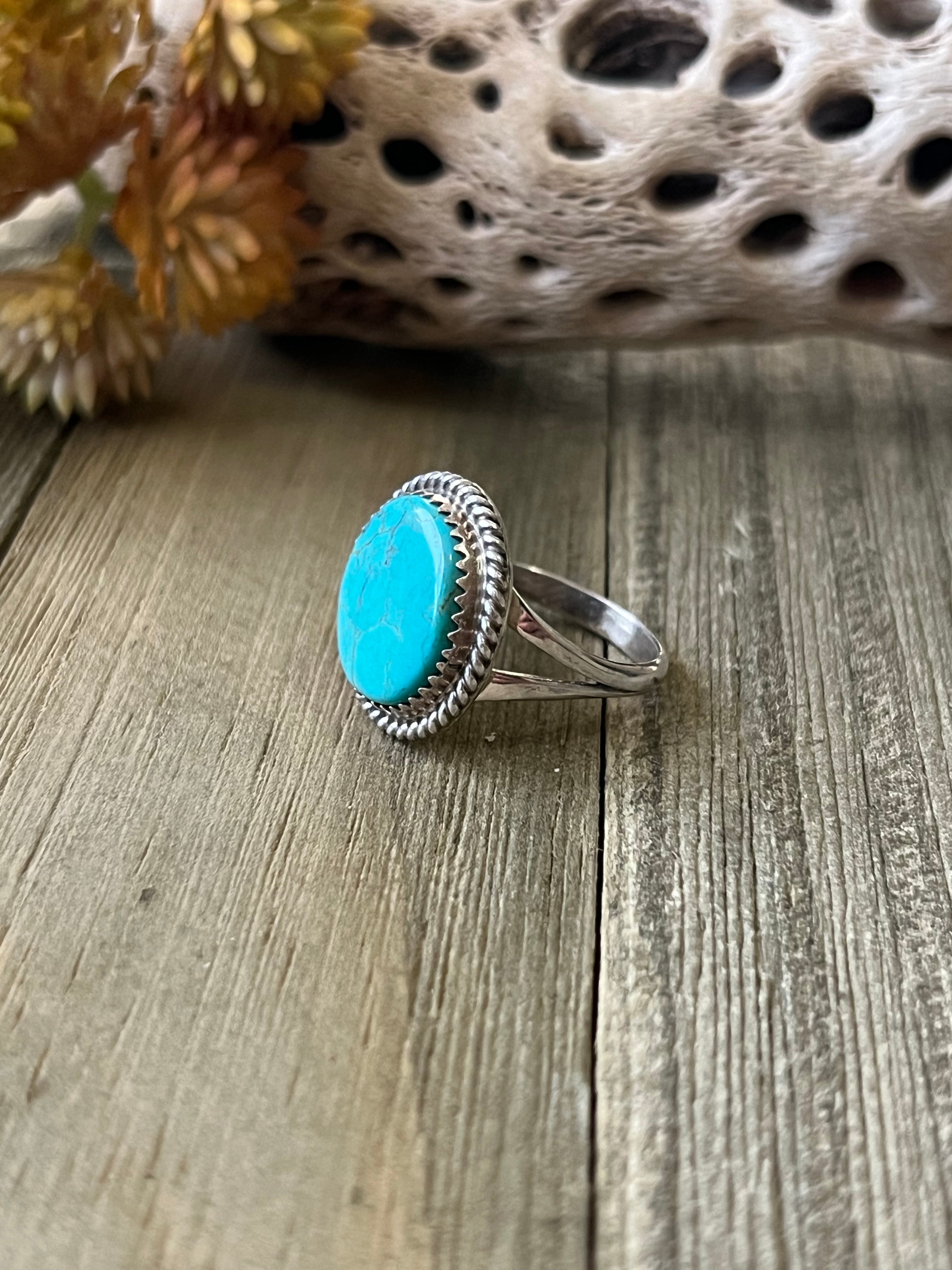 Navajo Made Kingman Turquoise & Sterling Silver Ring Size 8.5