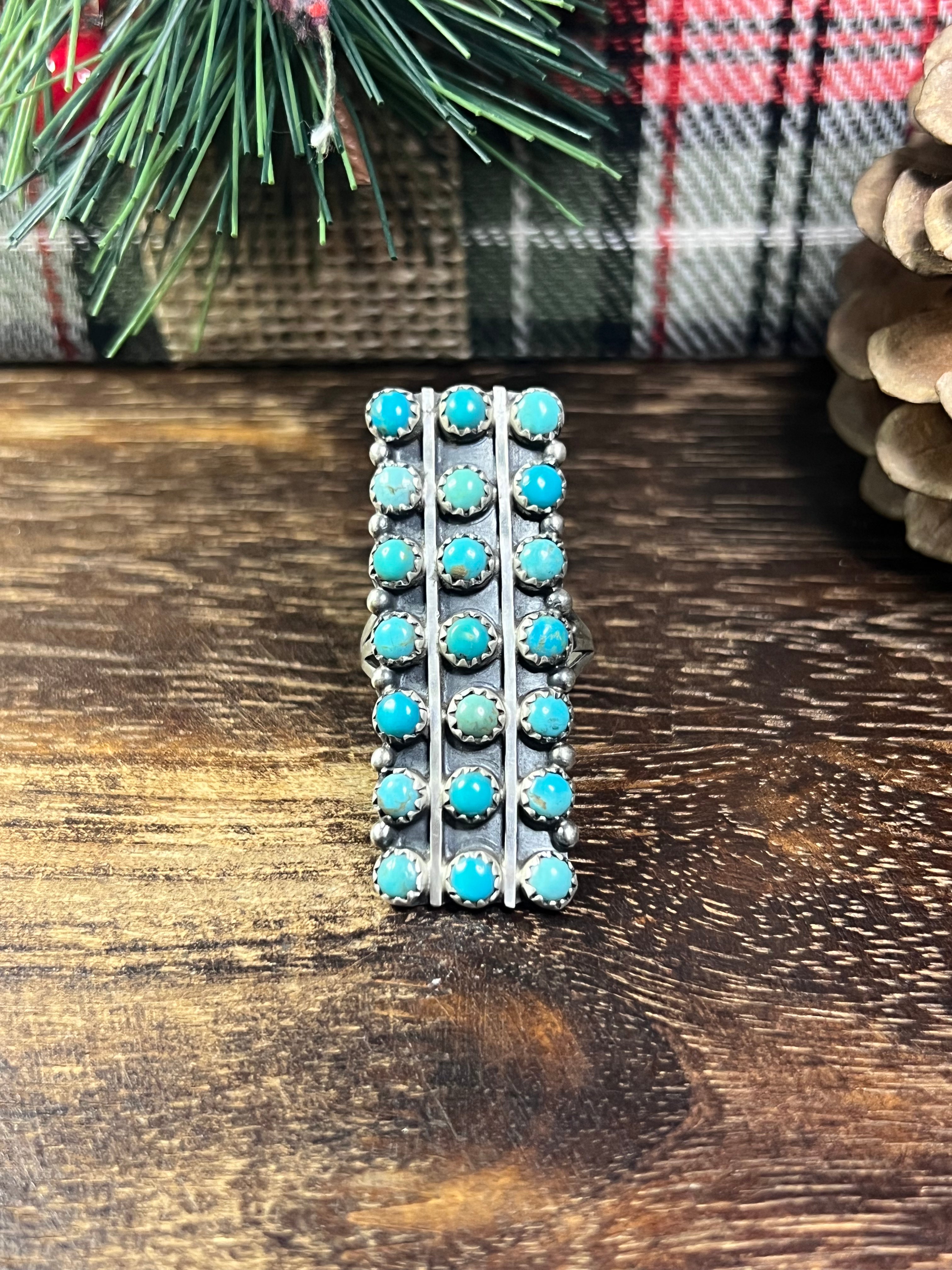 Navajo Made Kingman Turquoise & Sterling Silver Cluster Ring Size 8.75