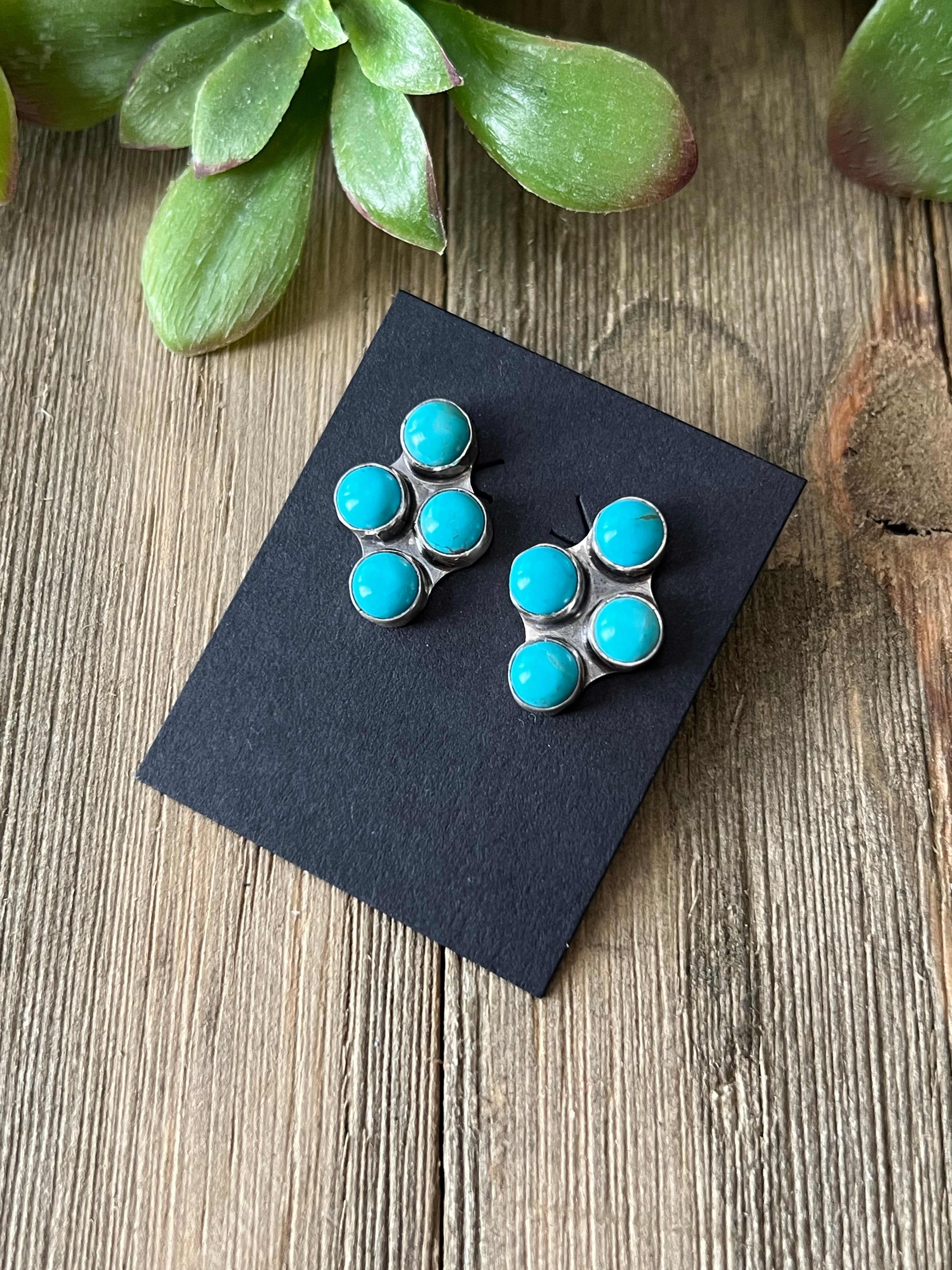 Navajo Made Kingman Turquoise & Sterling Silver Post Earrings