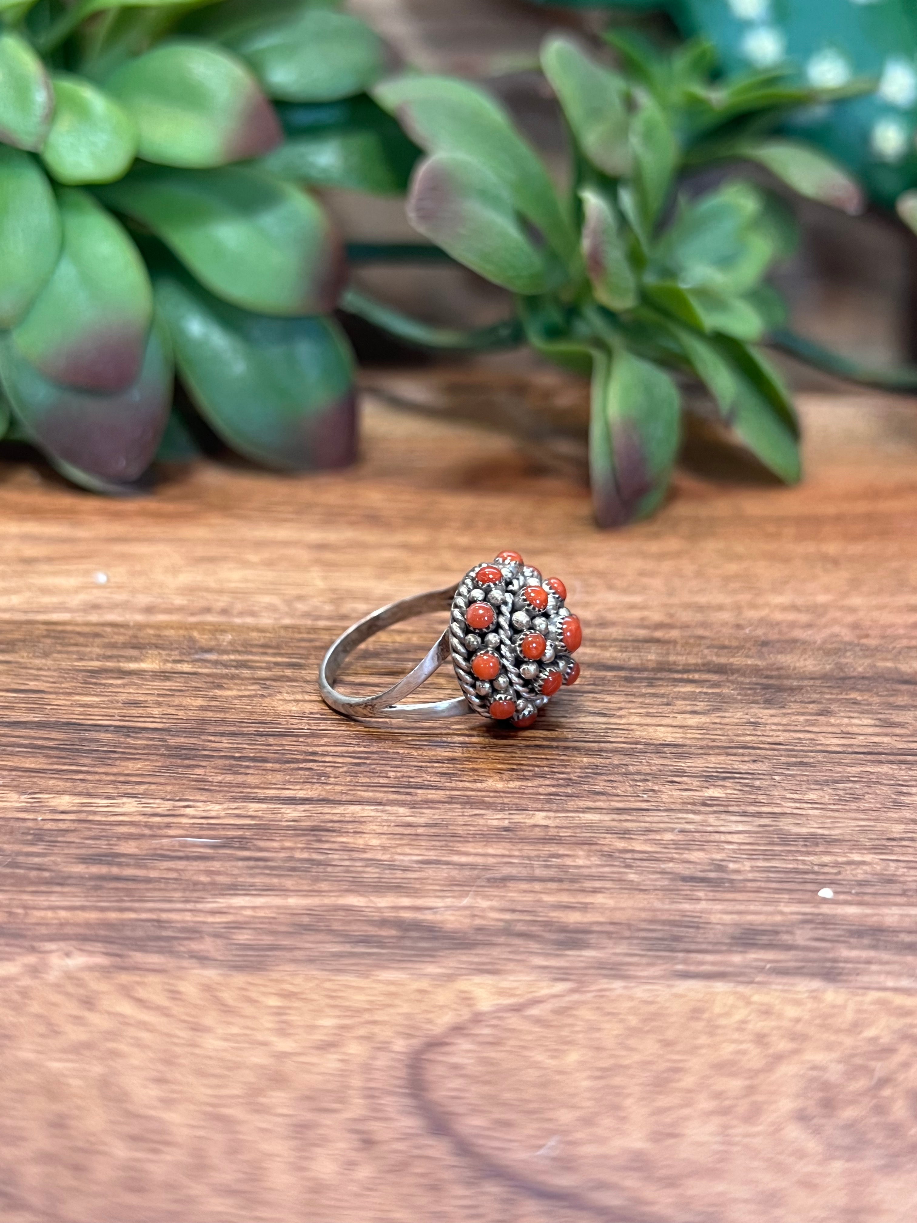 Zuni Coral & Sterling Silver Petit Point Ring Size 6.5