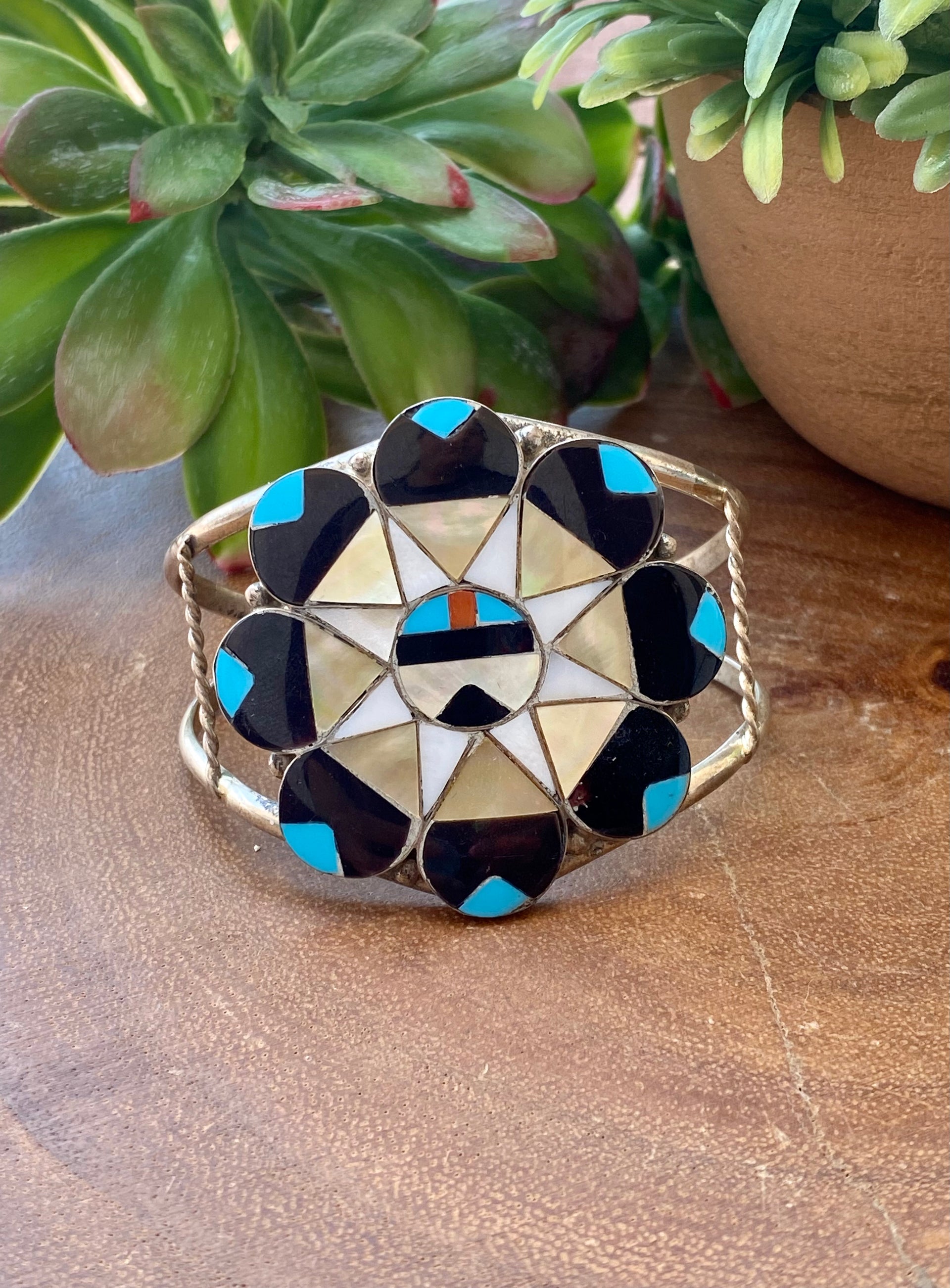 Alison Dishta Zuni Multi Stone & Sterling Silver Sunface Inlay Cuff Bracelet