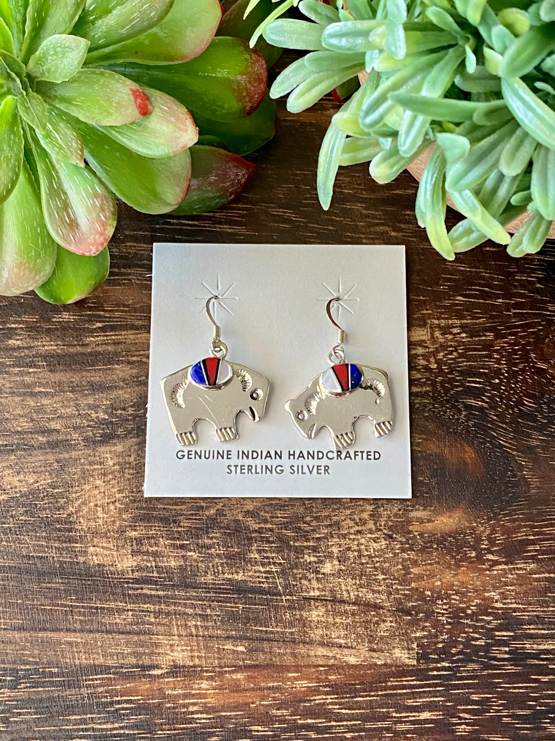 Joe Martinez Multi Stone & Sterling Silver Inlay Buffalo Dangle Earrings