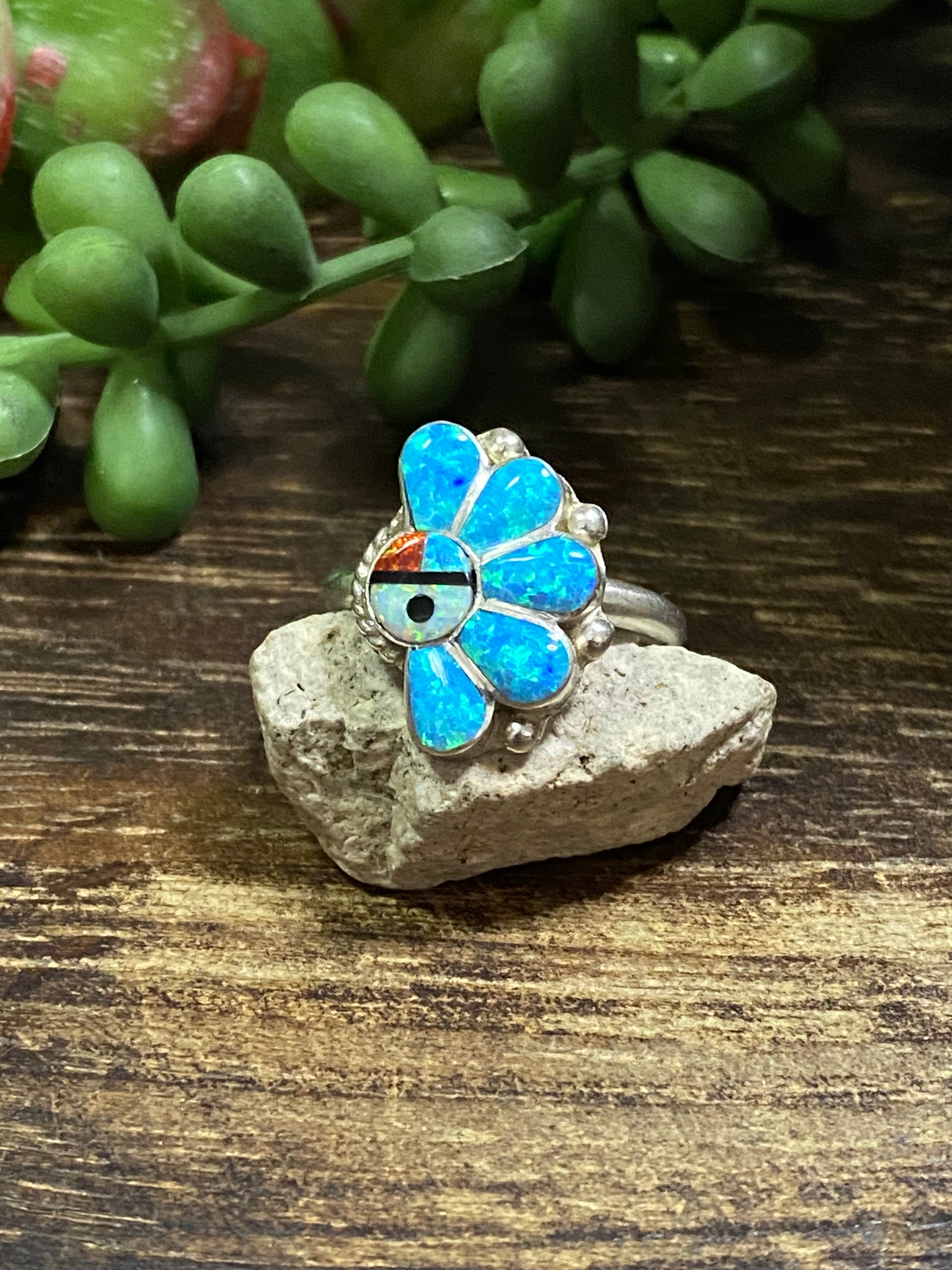 Navajo Made Multi Stone & Sterling Silver Sunface Inlay Ring Size 7.25