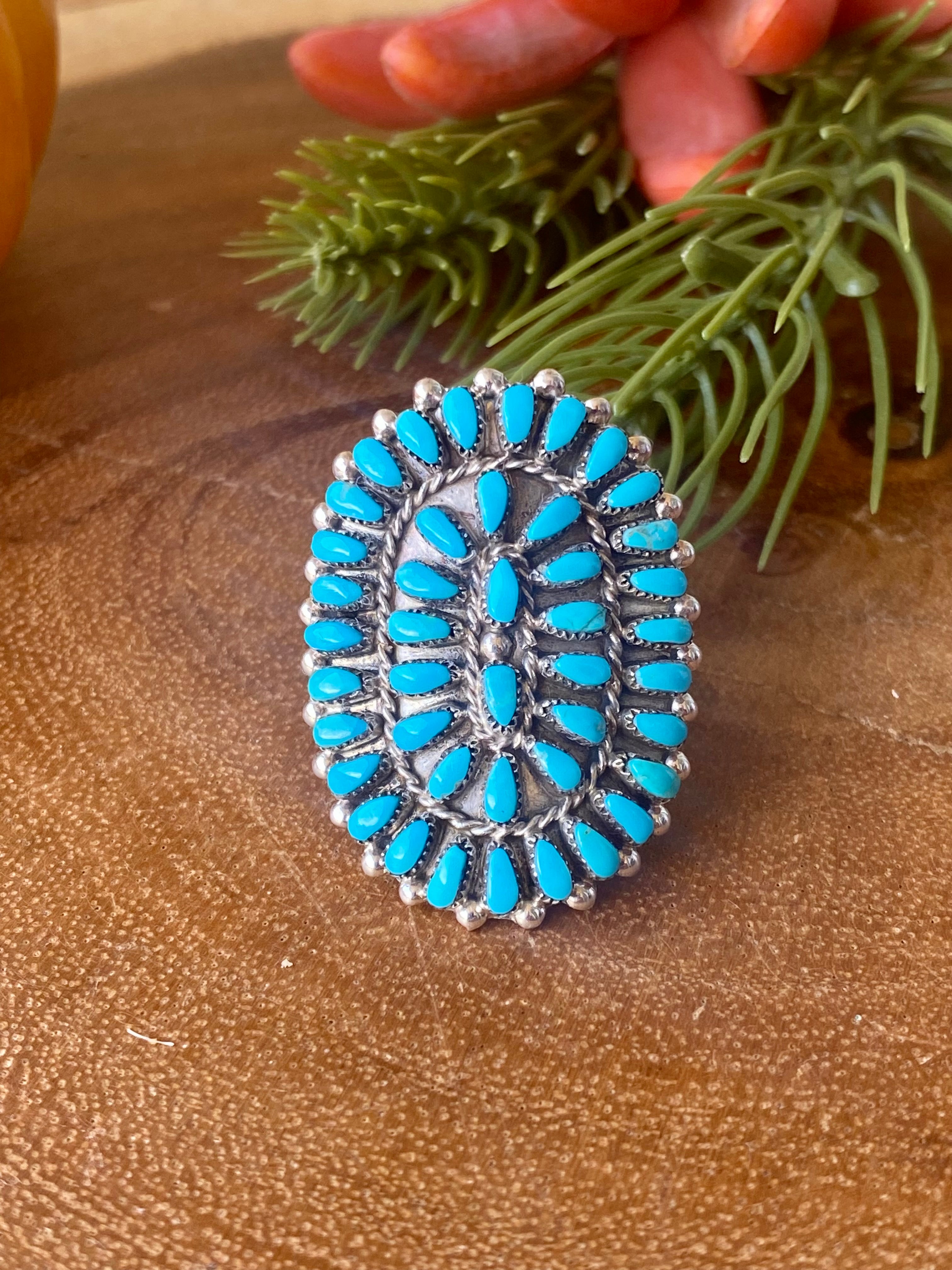 Mike Dishta Zuni Turquoise & Sterling Silver Cluster Ring Size 5.5