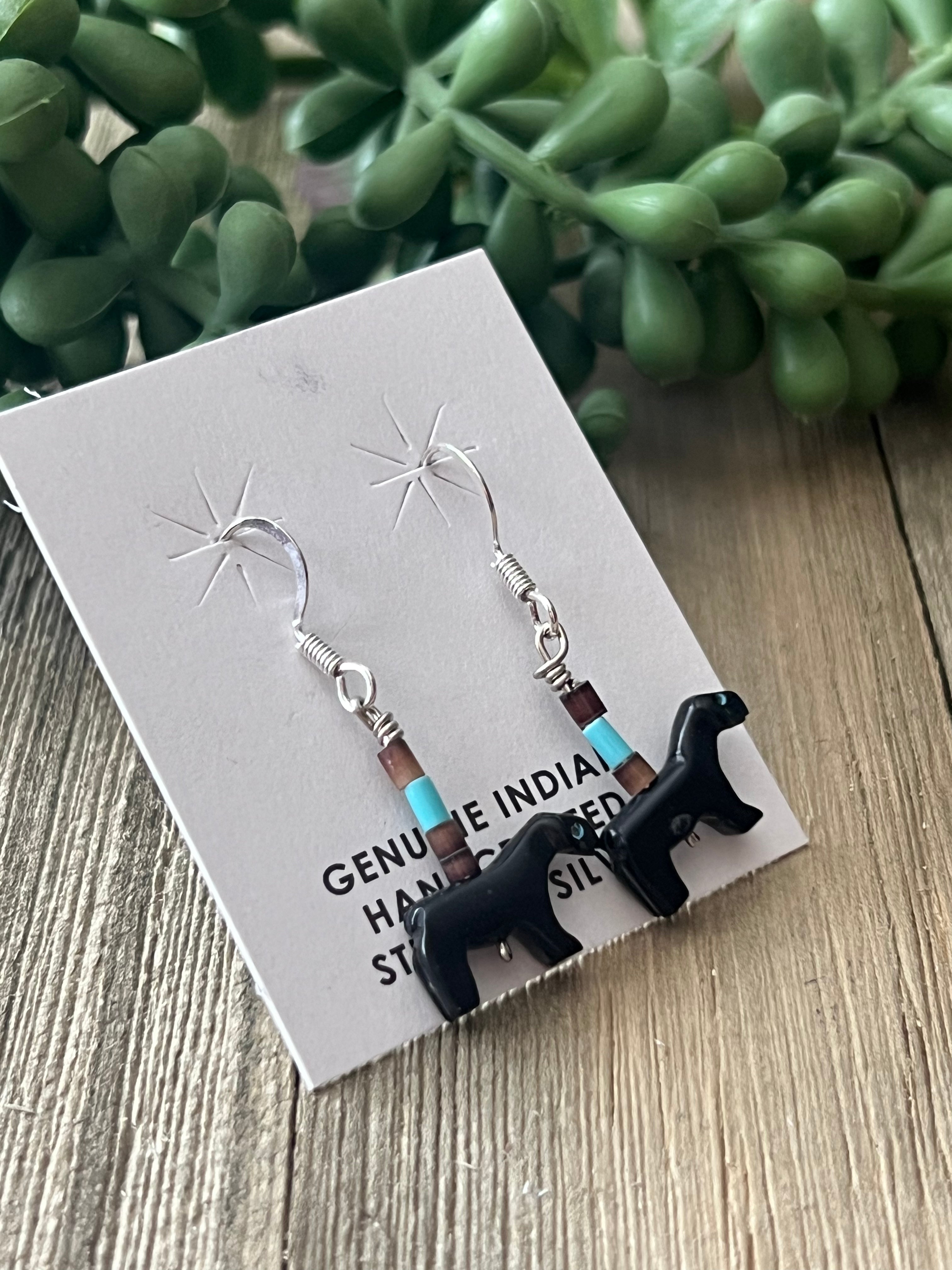 Zuni Made Fetish & Sterling Silver Horse Dangle Earrings