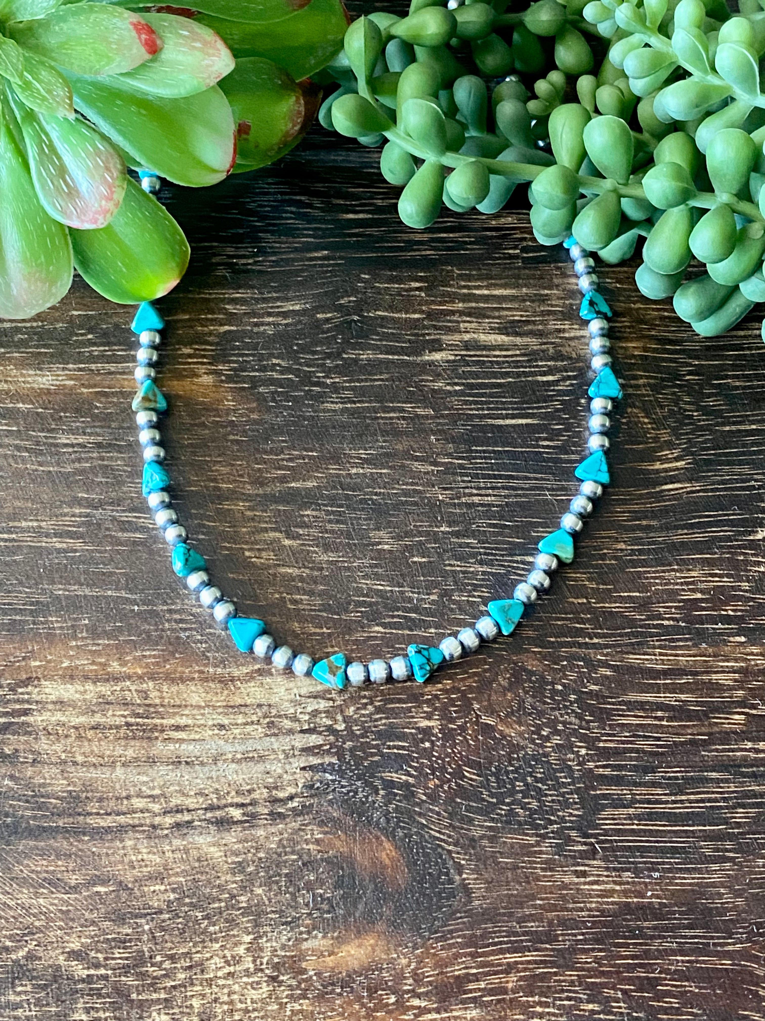 Navajo Strung Kingman Turquoise & Sterling Silver Pearl Necklace