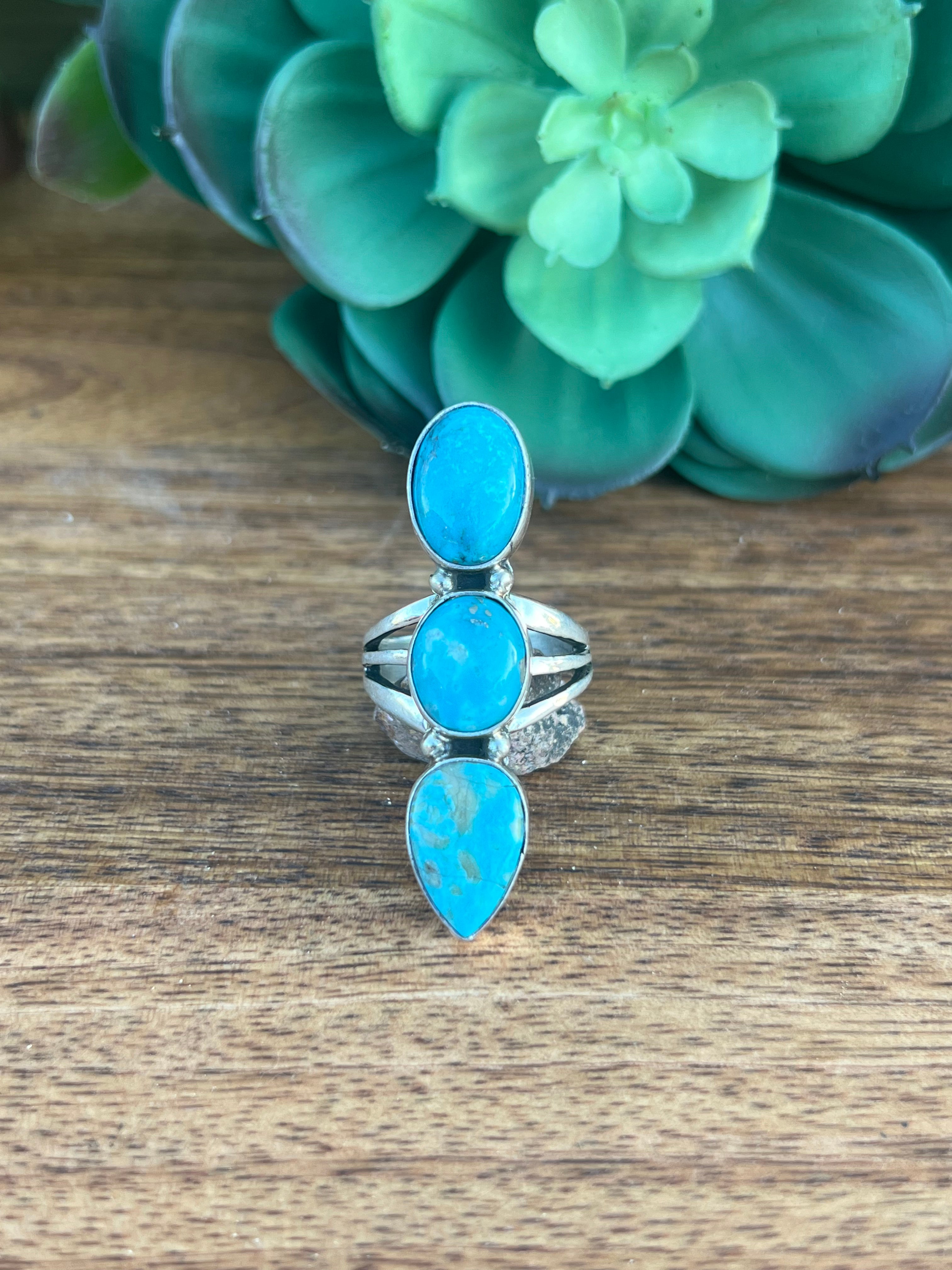 P. Yazzie Kingman Turquoise & Sterling Silver Ring Size 7