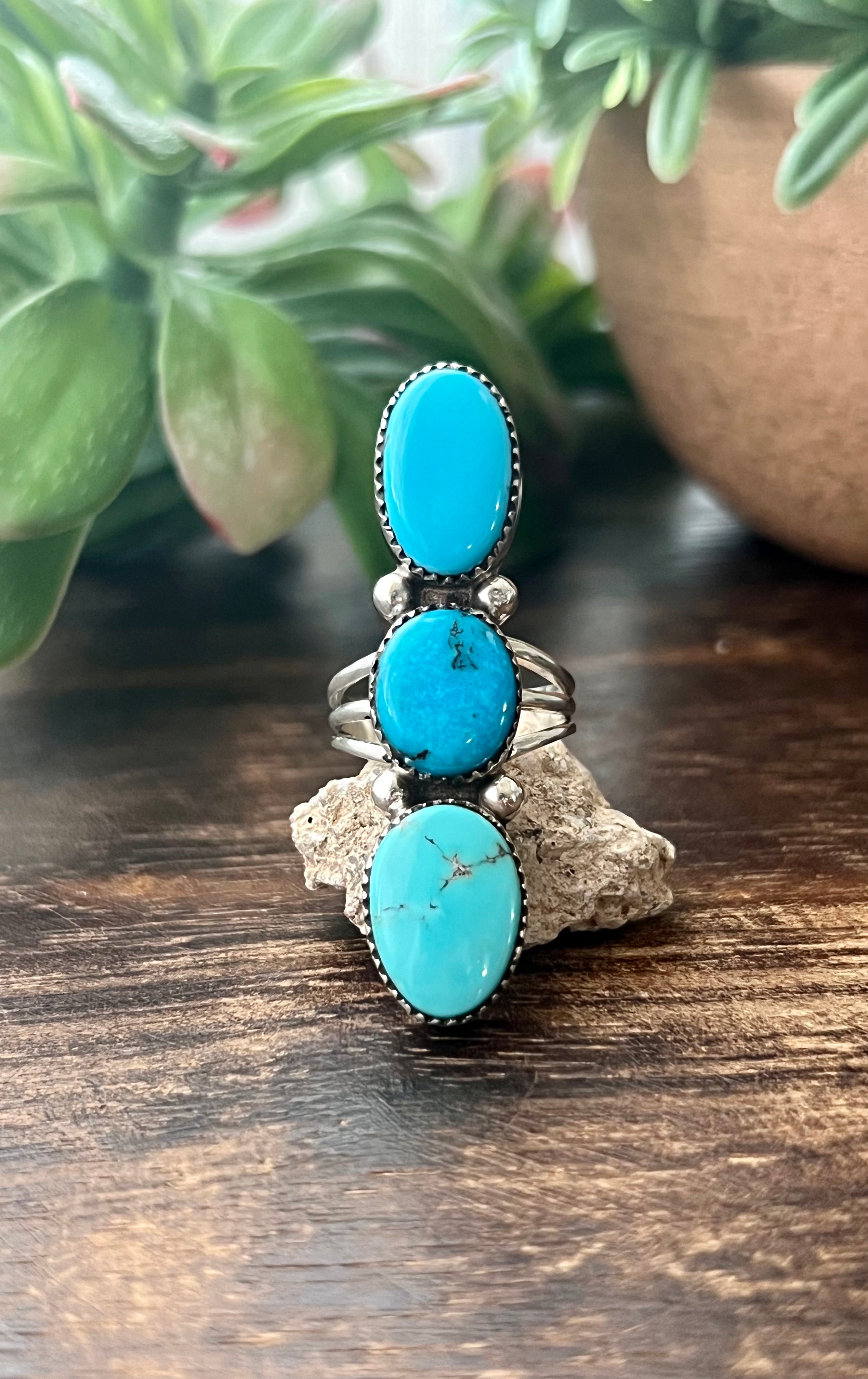 Southwest Handmade Kingman Turquoise & Sterling Silver Climber Ring Size 6.75 Stamped Sterling