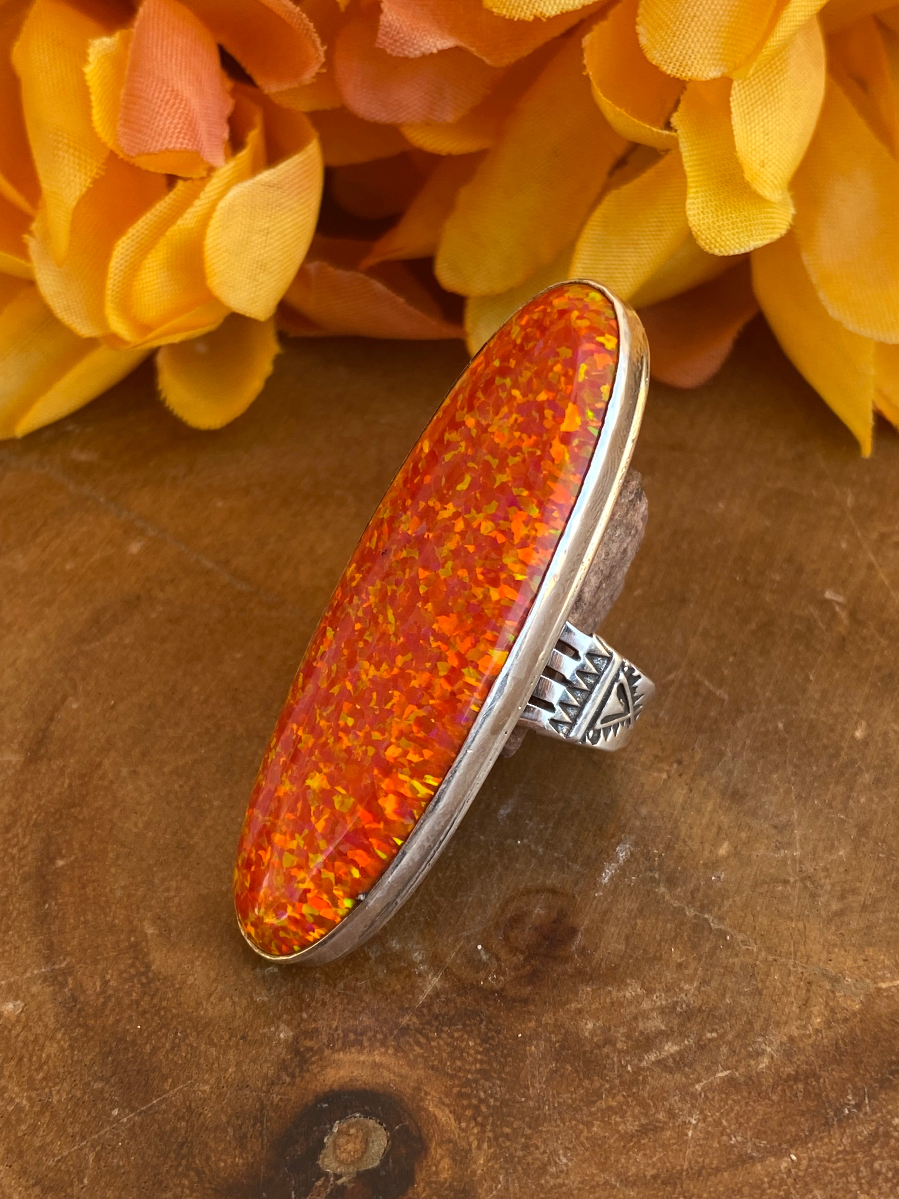 Patrick Yazzie Orange Opal & Sterling Silver Ring Size 6