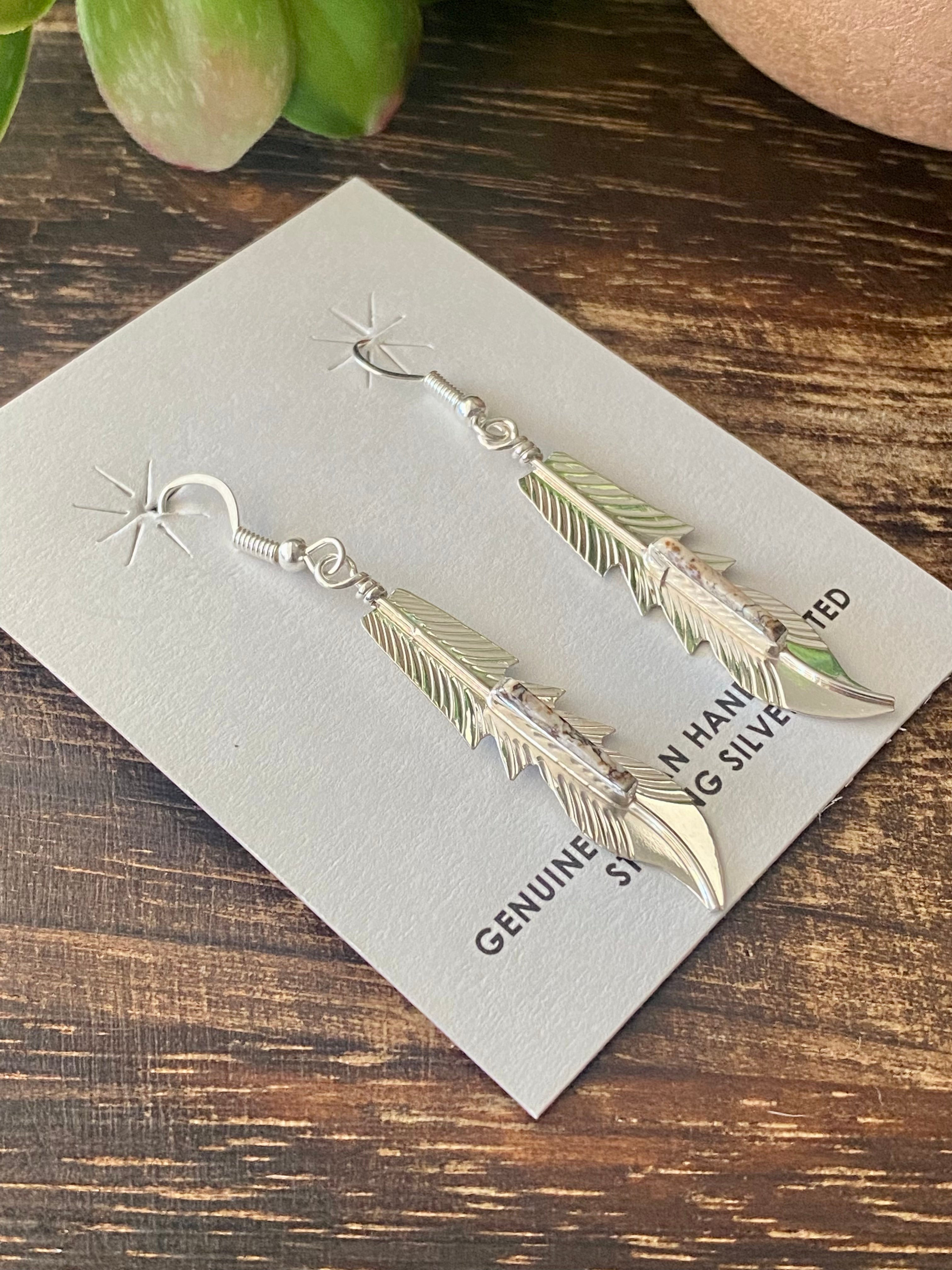 Allen Barney Wild Horse & Sterling Silver Feather Dangle Earrings