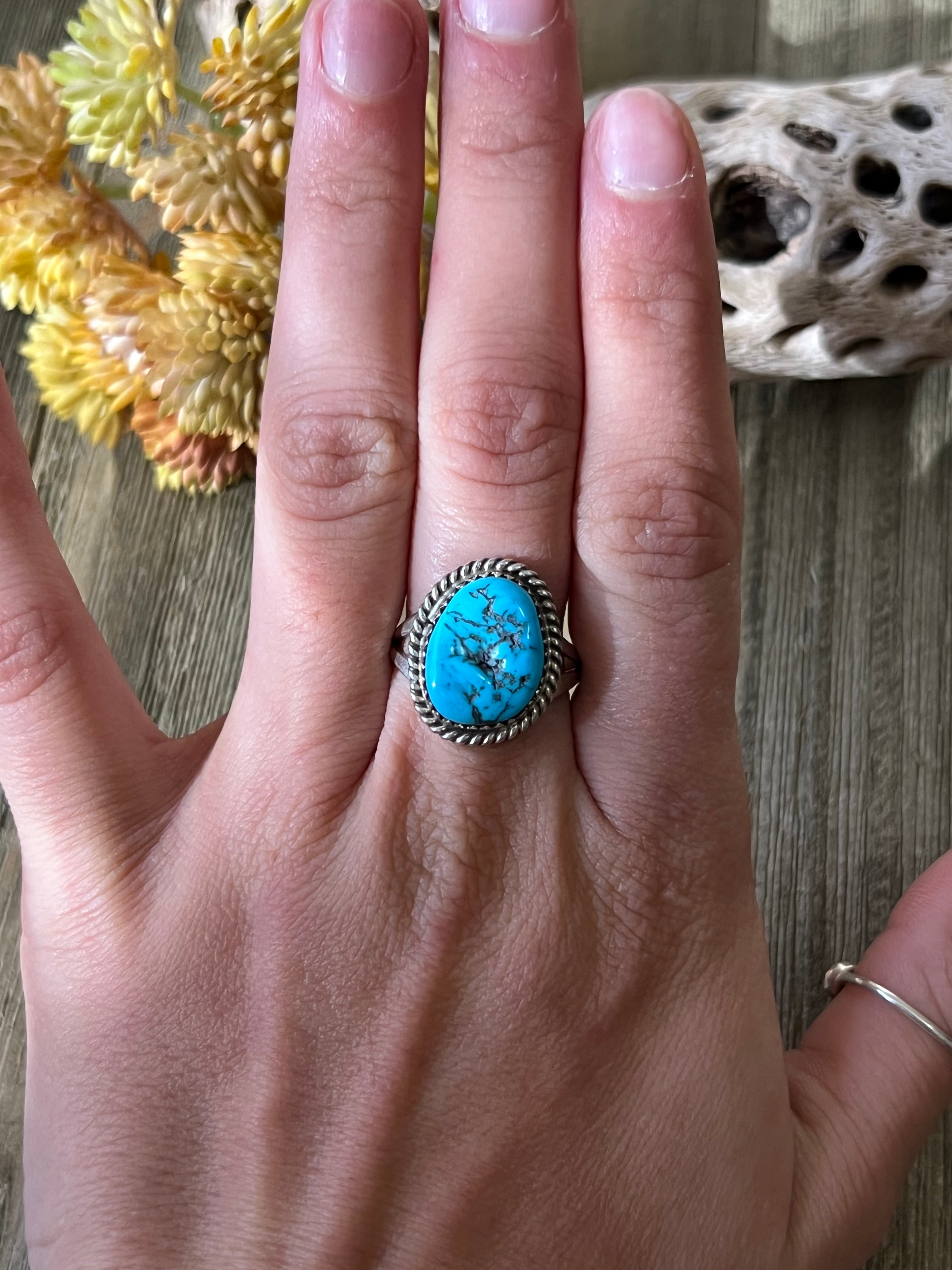 Navajo Made Kingman Turquoise & Sterling Silver Ring Size 8.25