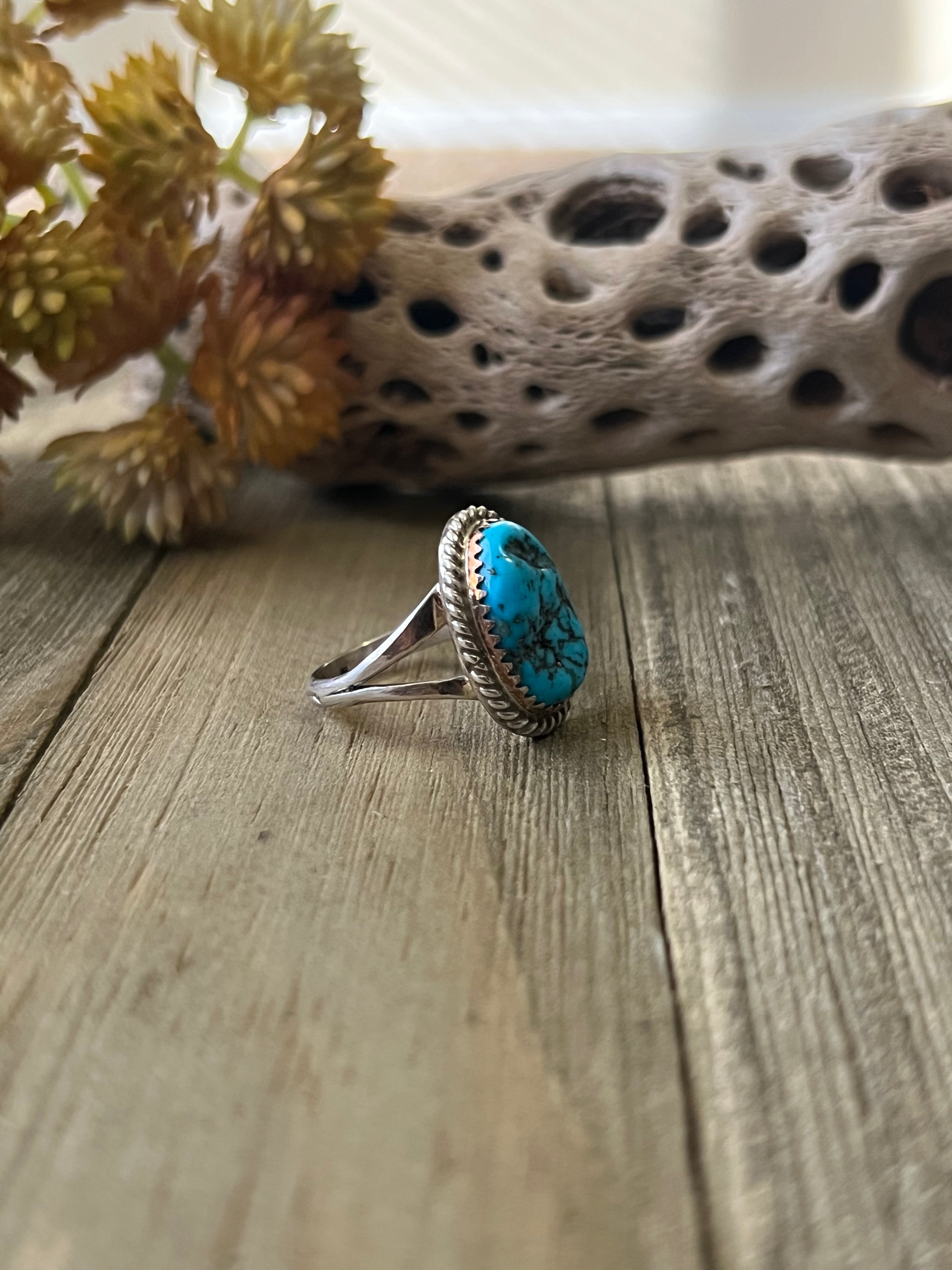 Navajo Made Kingman Turquoise & Sterling Silver Ring Size 7.75