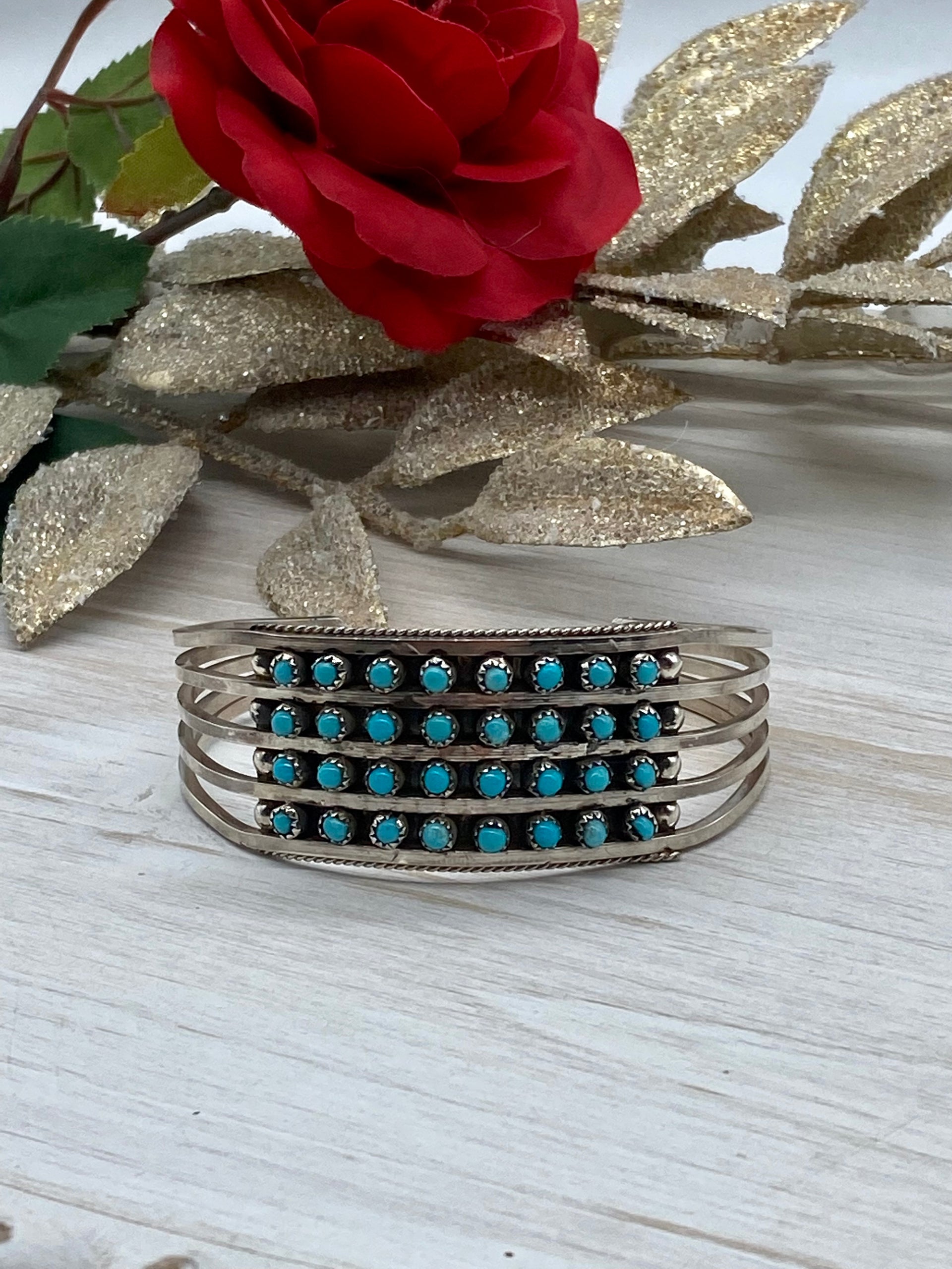 Zuni Made Turquoise & Sterling Silver Pettit Point Cuff Bracelet