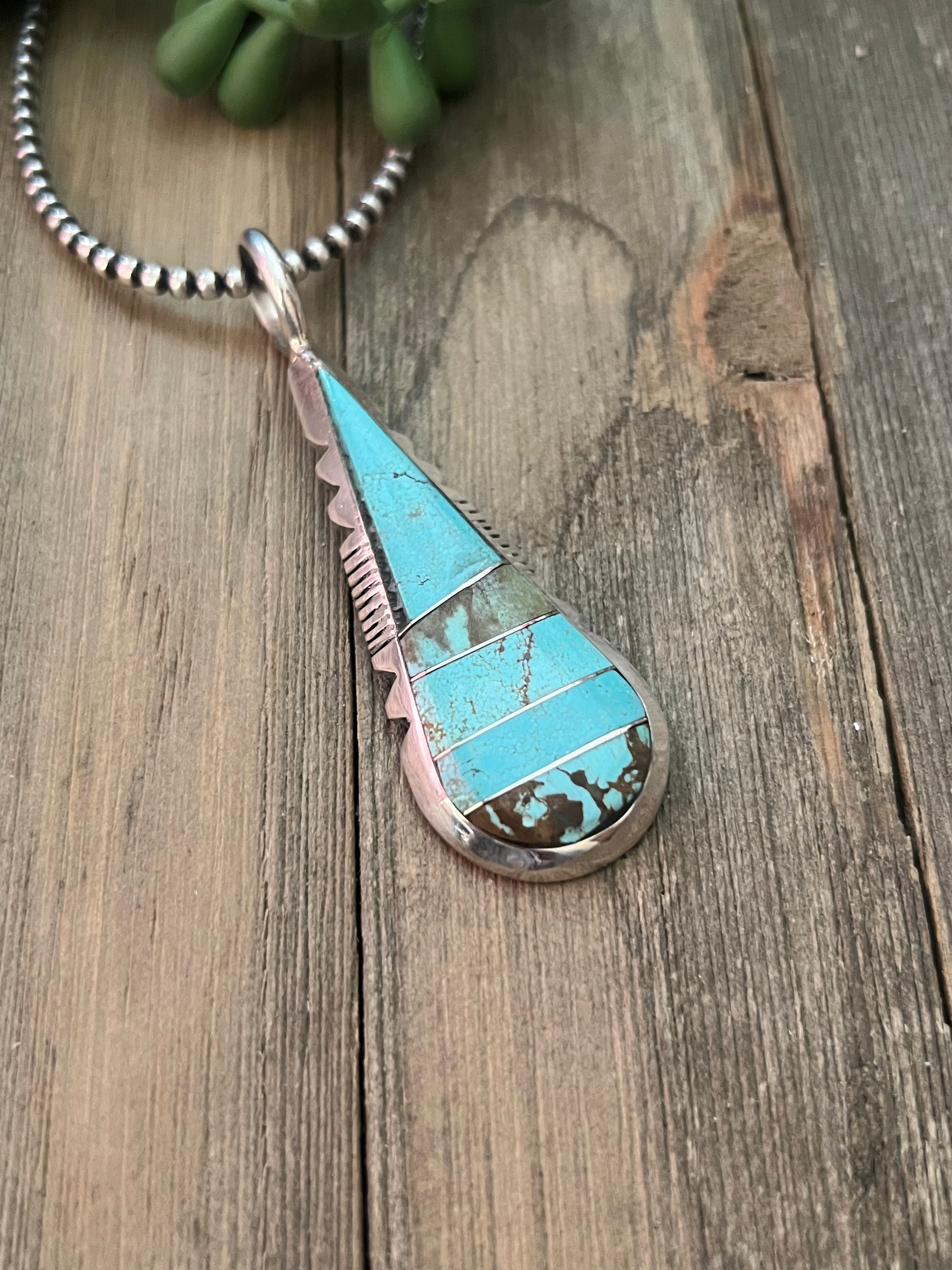 Navajo Made #8 Turquoise & Sterling Silver Inlay Pendan