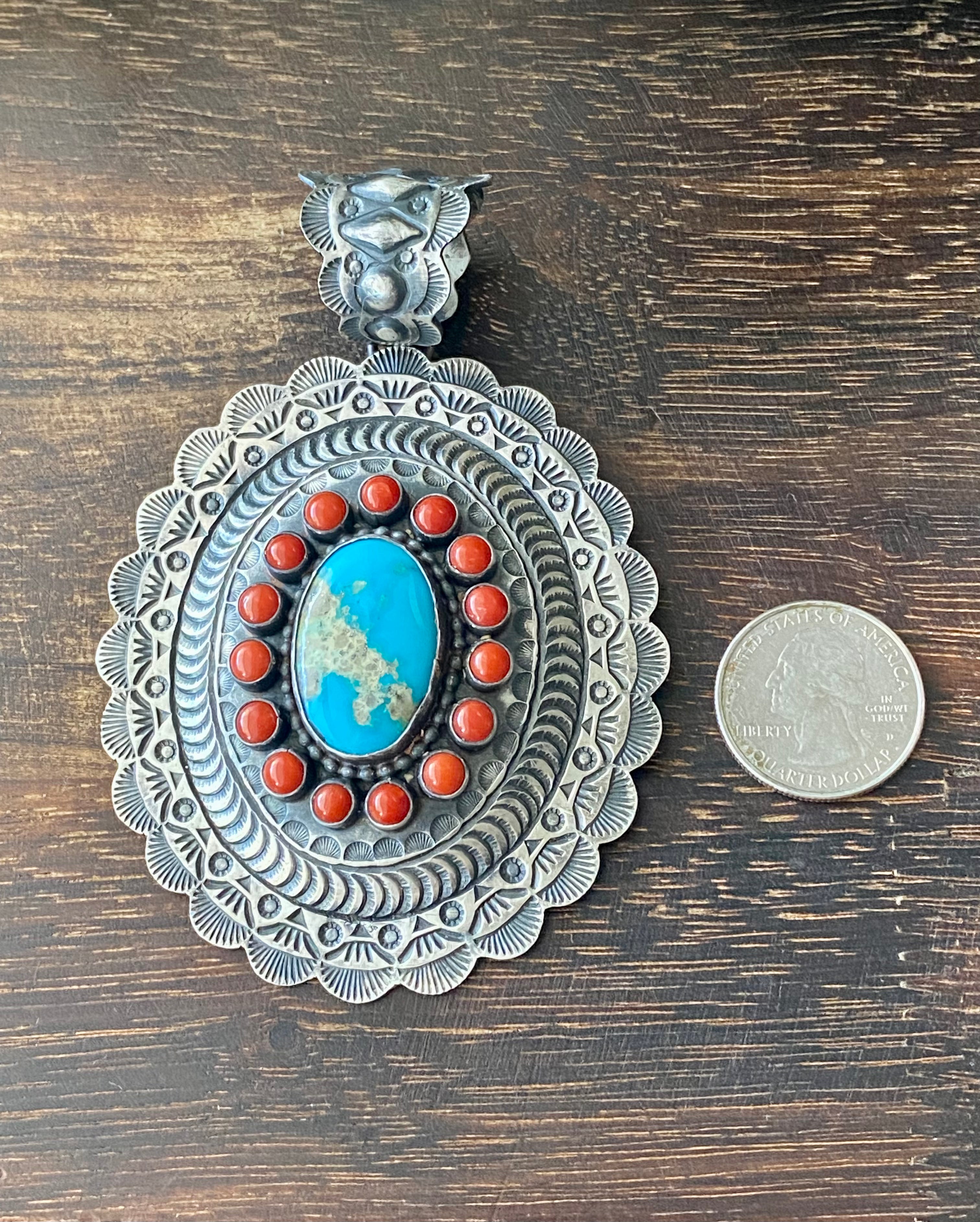 Shawn Cayatineto Kingman Turquoise & Coral Sterling Silver Pendant