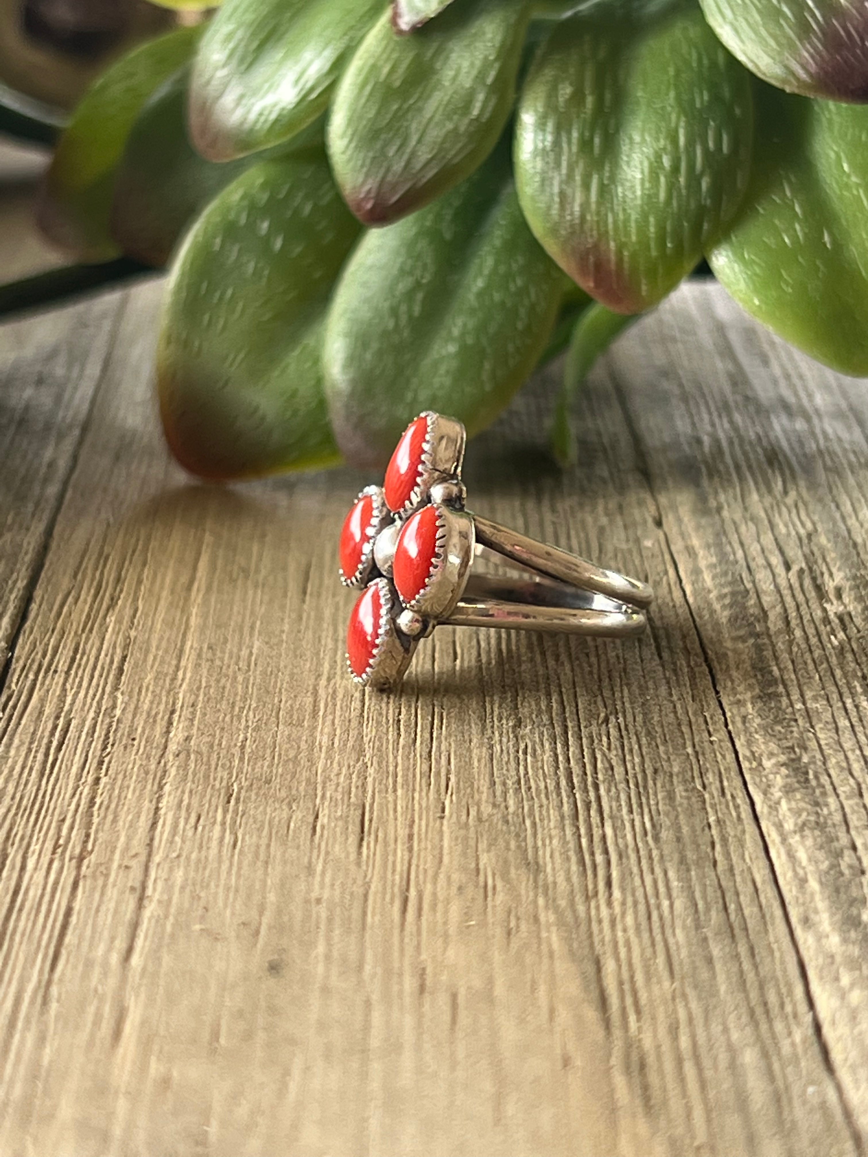 Navajo Made Mediterranean Coral & Sterling Silver Ring