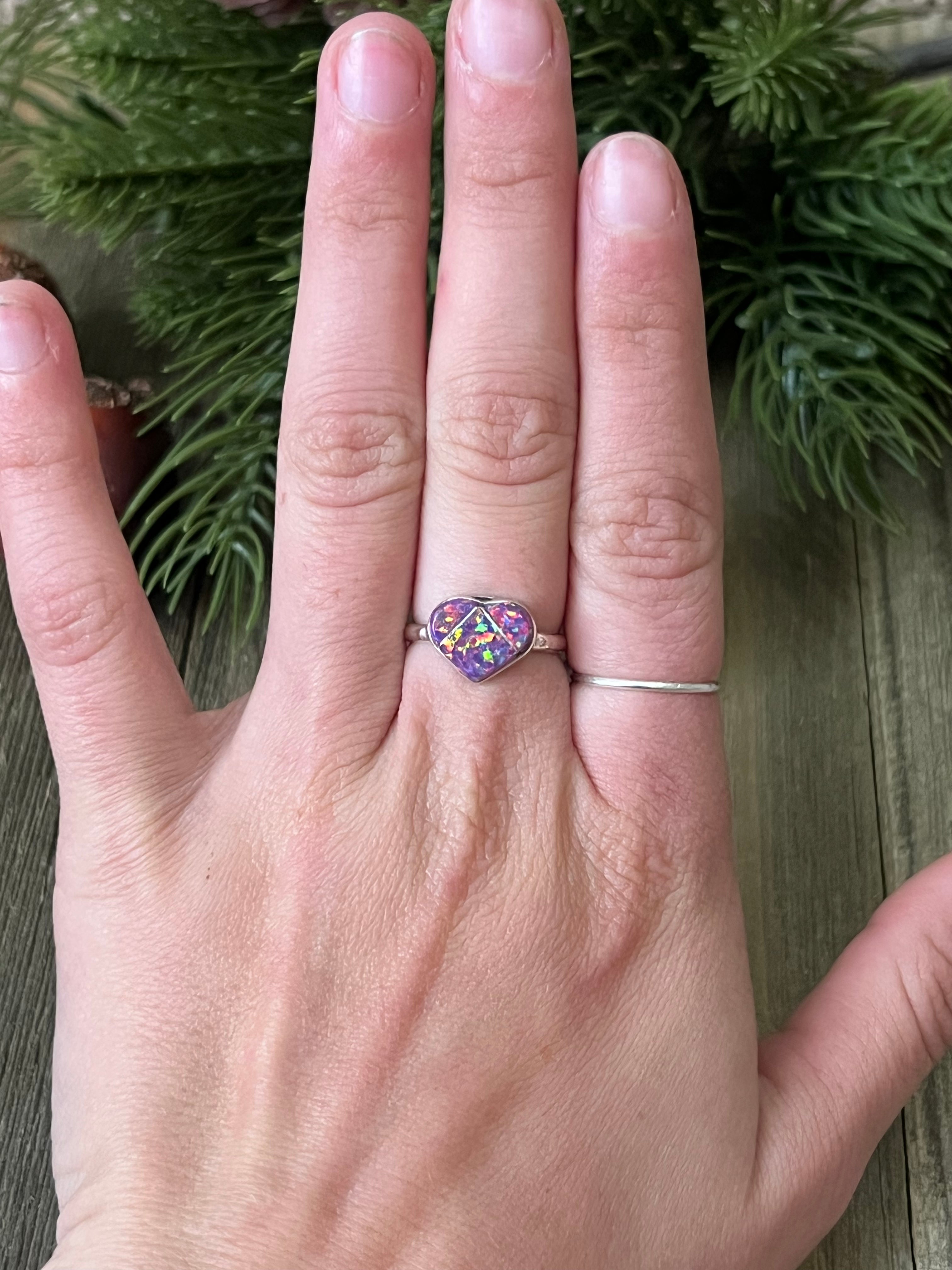 Zuni Made Purple Pinkish Opal (Man Made) & Sterling Silver Ring