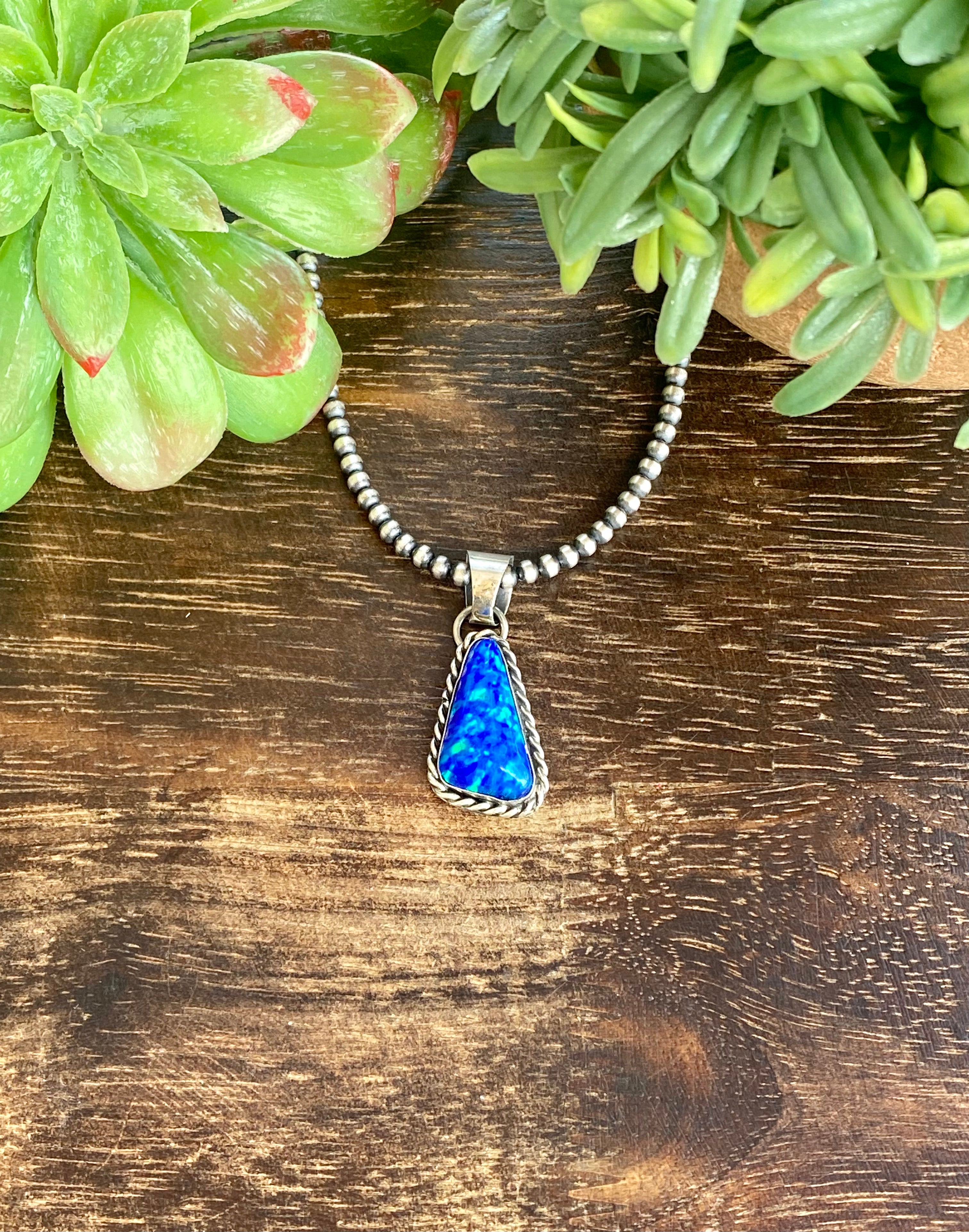 Navajo Made Blue Opal & Sterling Silver Pendant