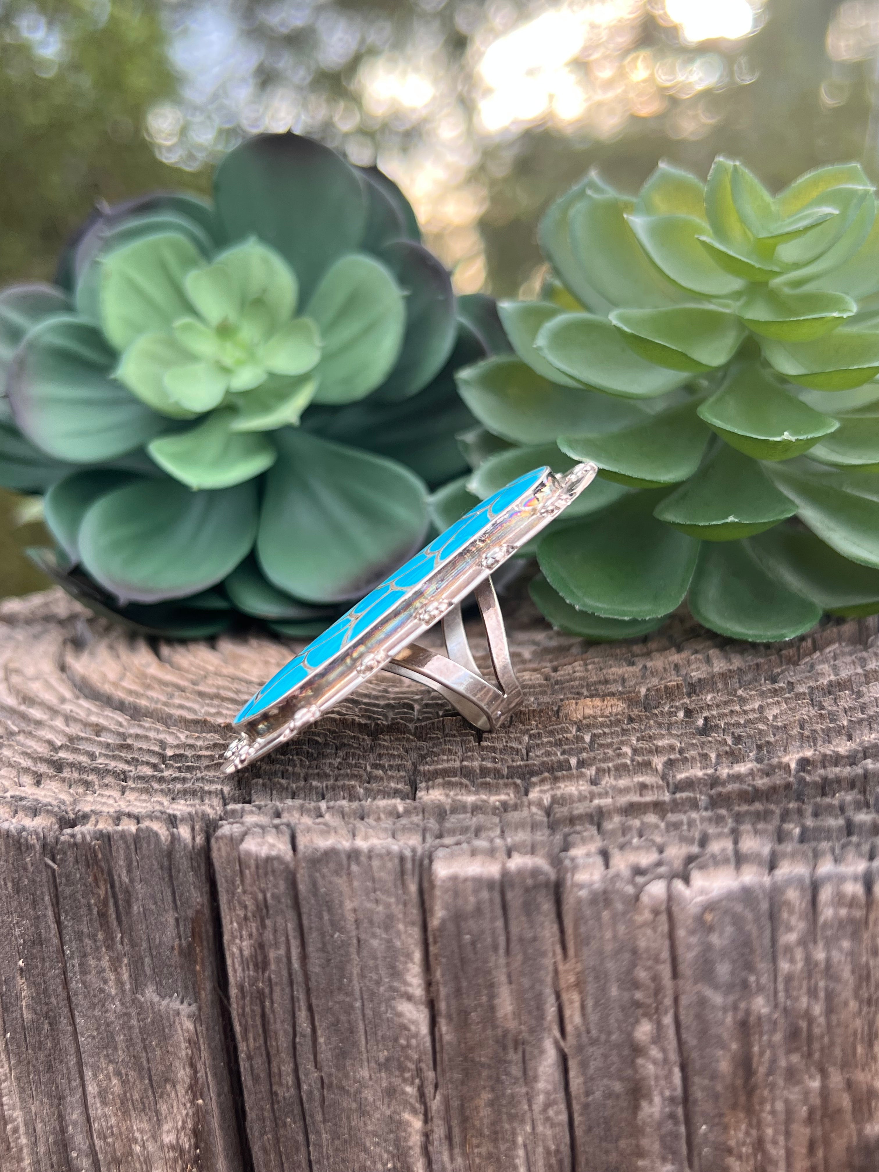 Zuni Turquoise & Sterling Silver Inlay Ring Size 6