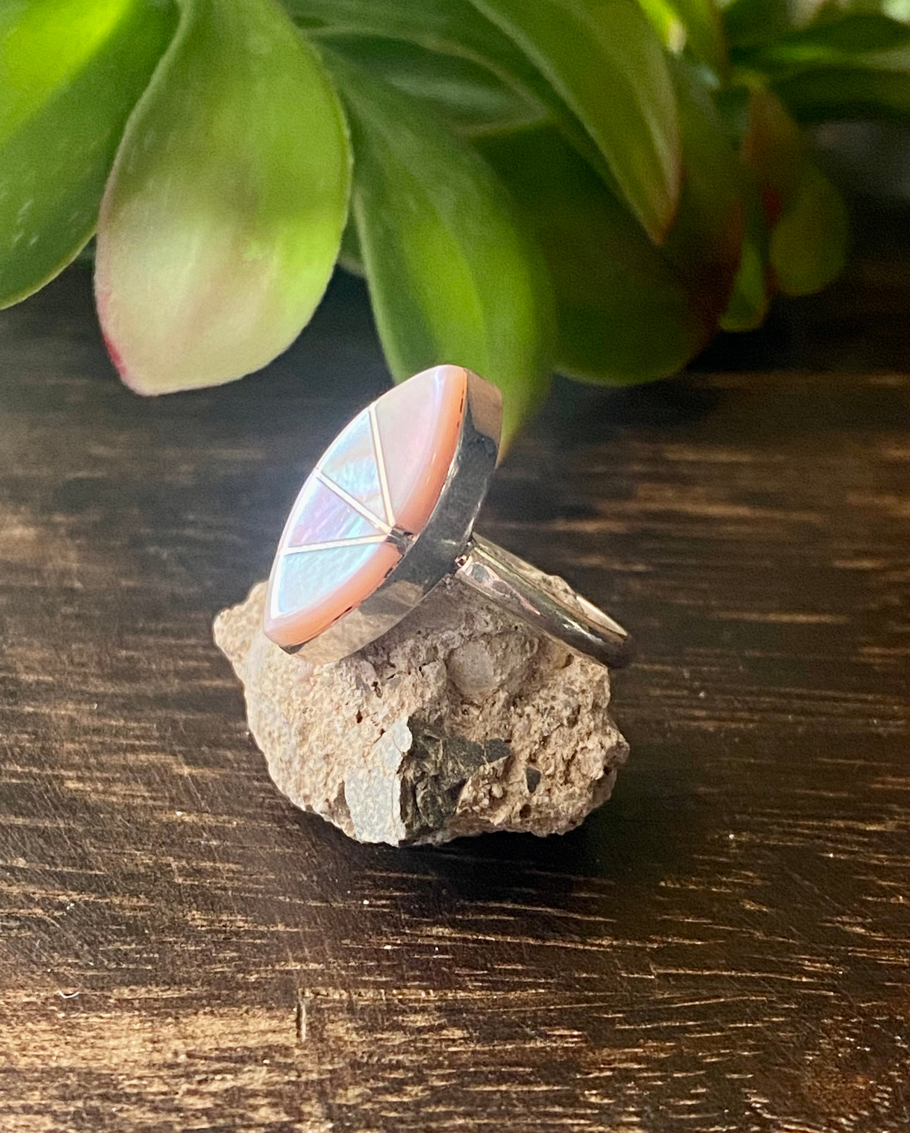 Zuni Made Mother of Pearl & Sterling Silver Inlay Ring Size 5.75