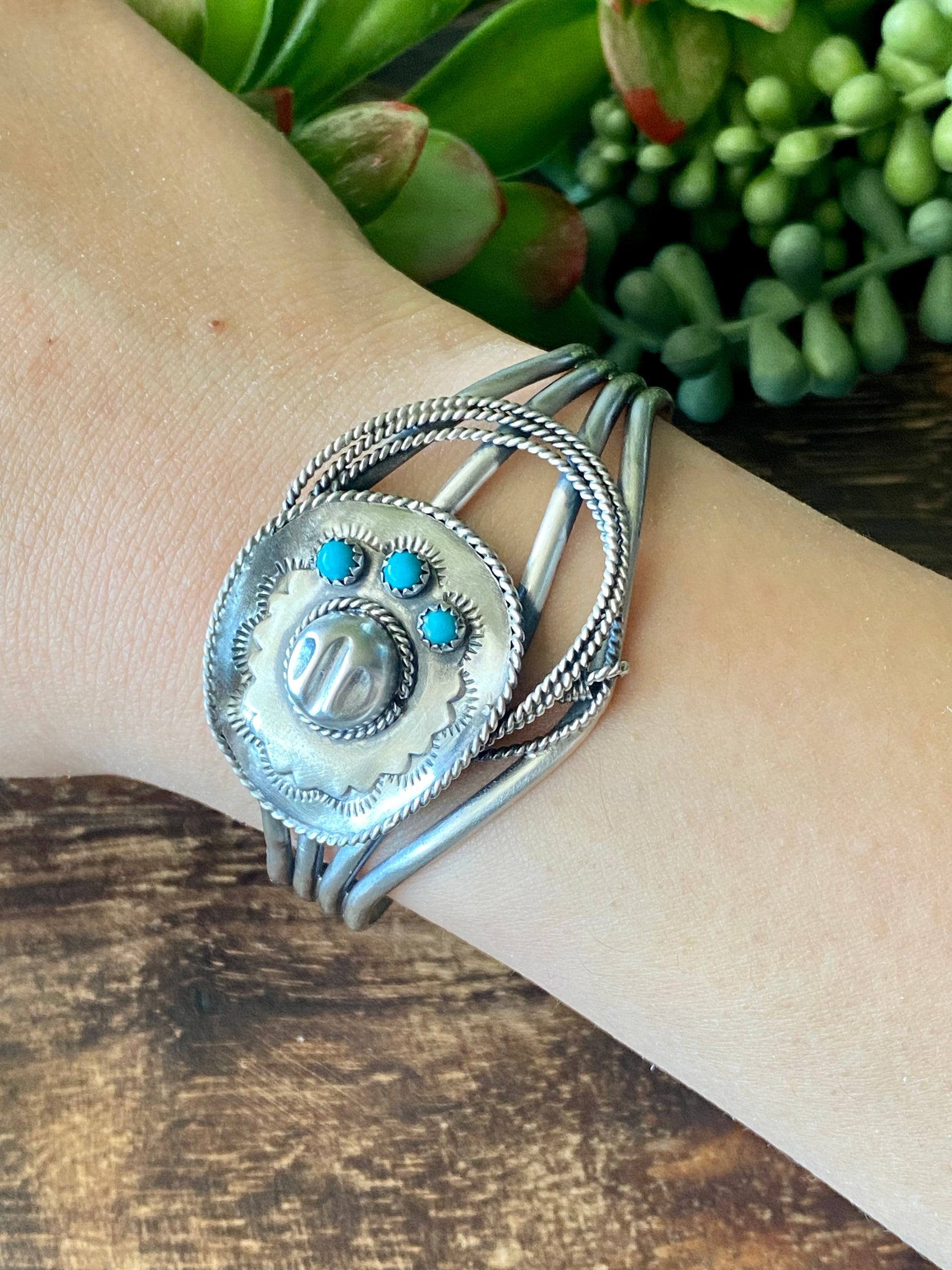 Navajo Made Kingman Turquoise & Sterling Silver Cowboy Hat Cuff Bracelet