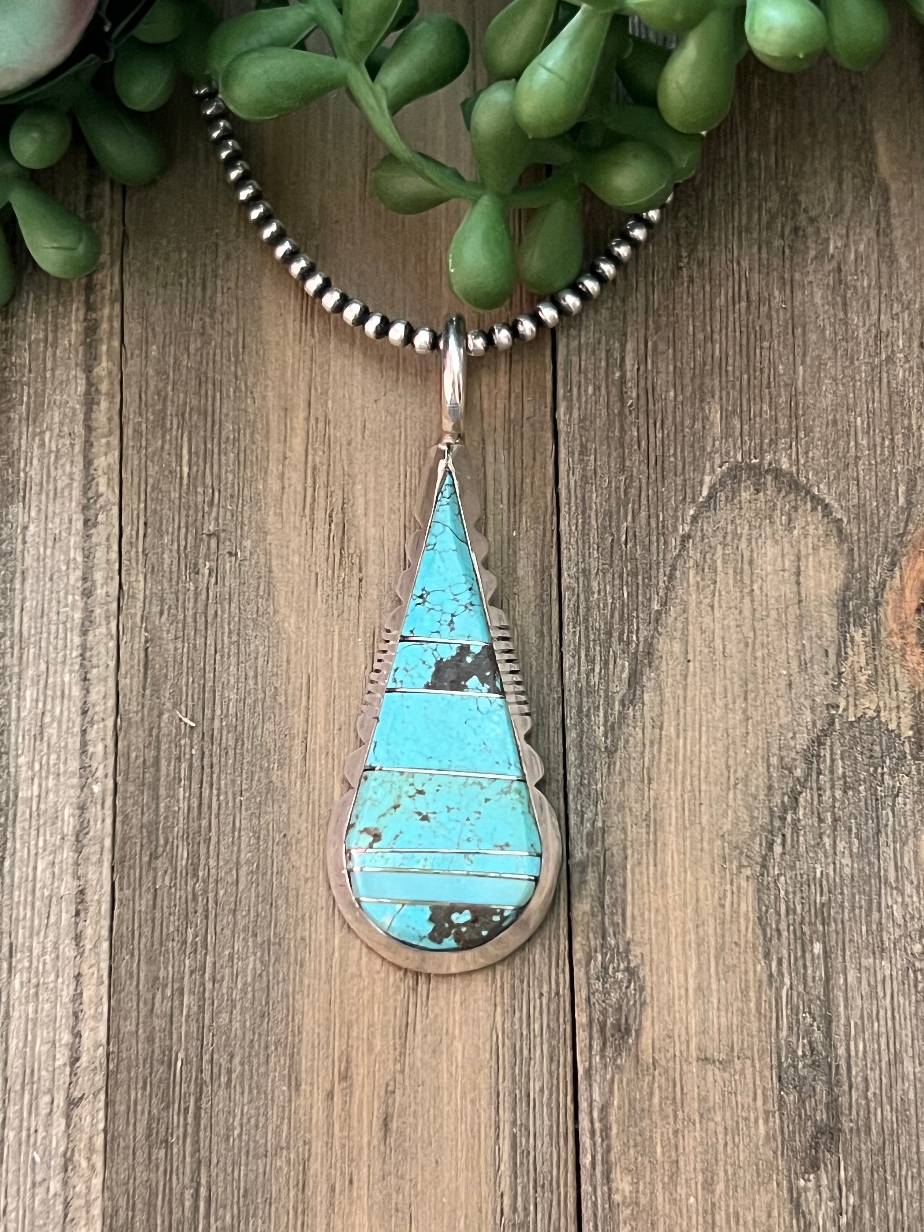 Navajo Made #8 Turquoise & Sterling Silver Inlay Pendant