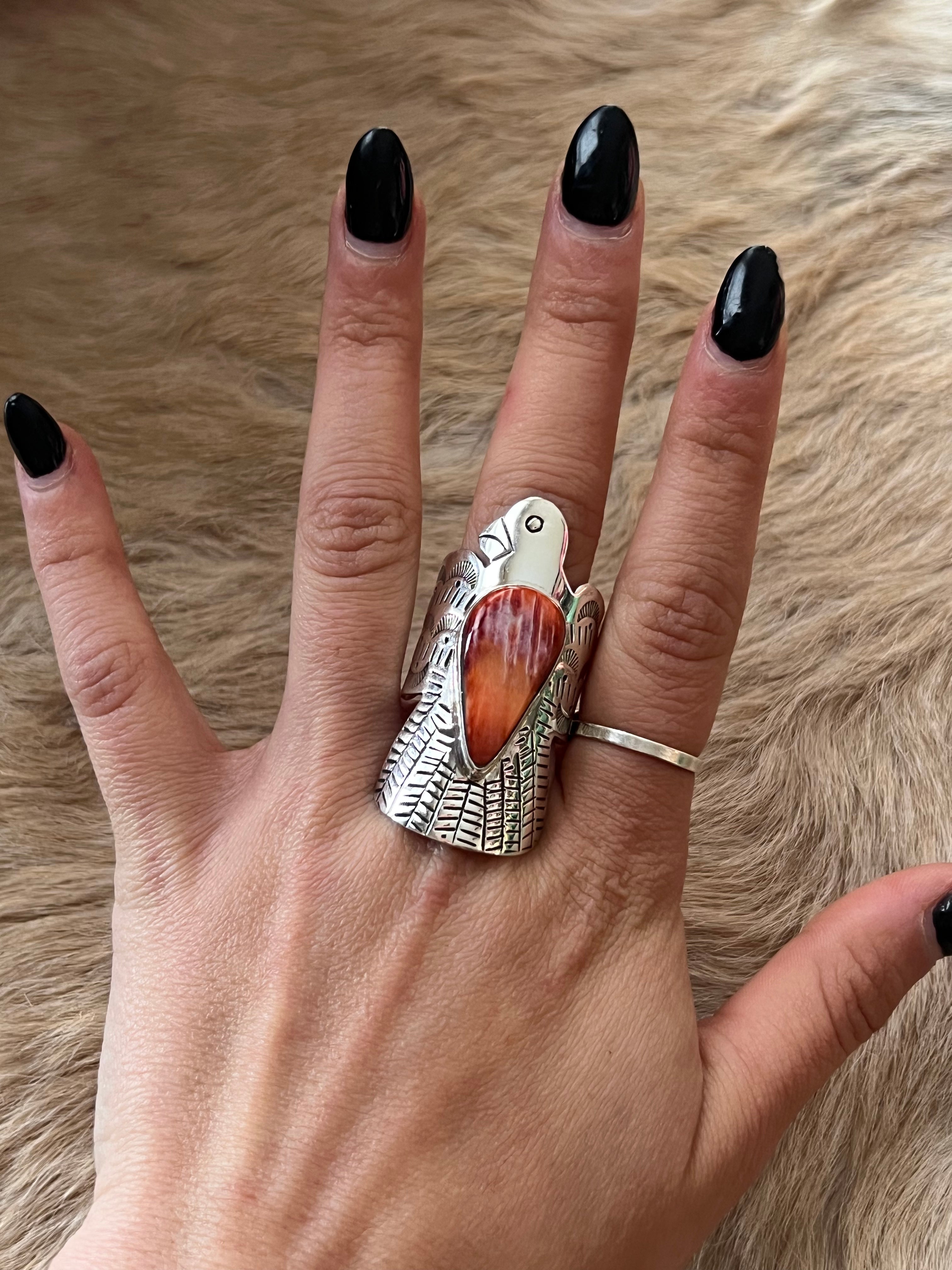 Navajo Made Spiny Oyster & Sterling Silver Thunderbird Ring Size 10.75