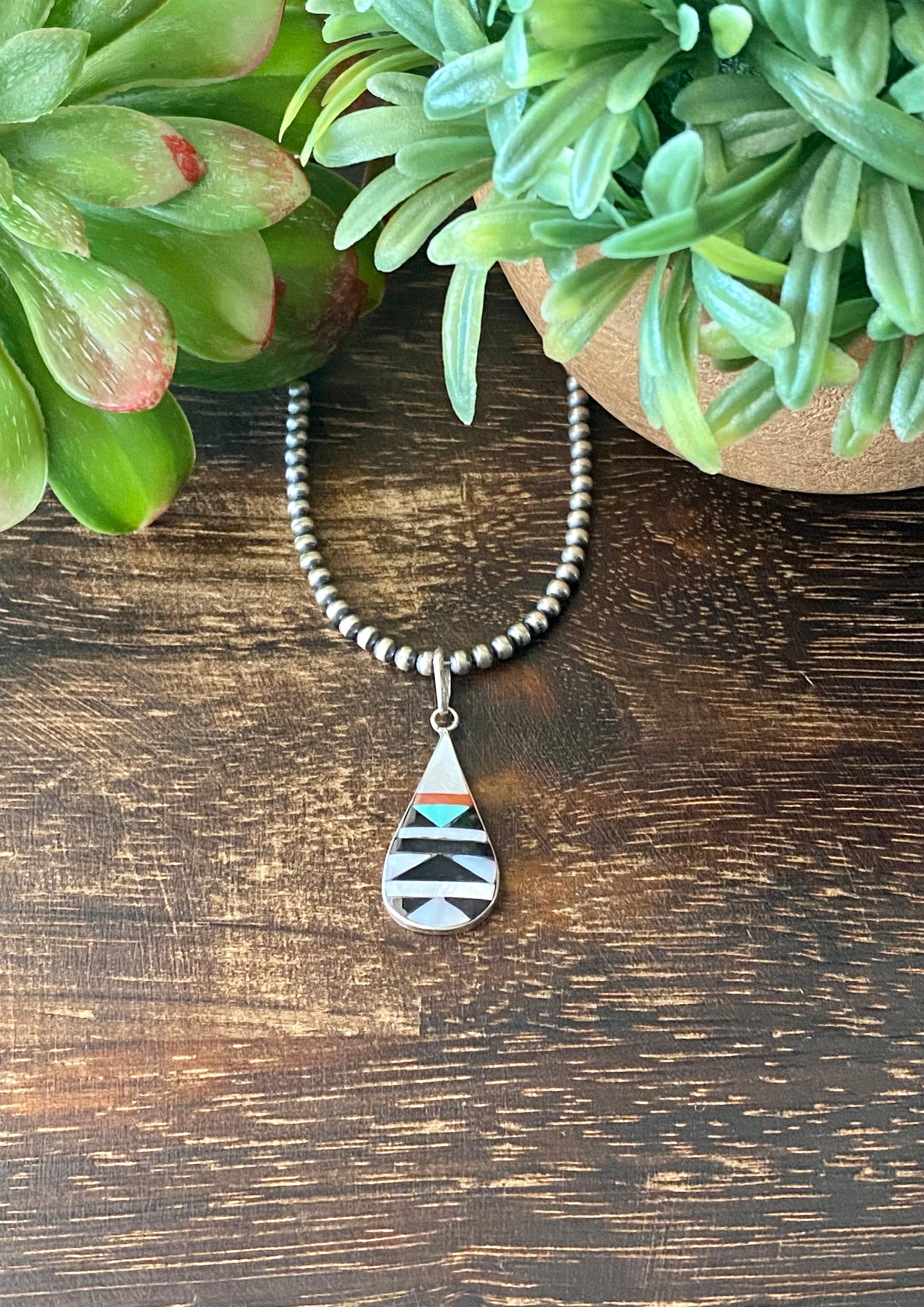 Zuni Made Multi Stone & Sterling Silver Inlay Pendant