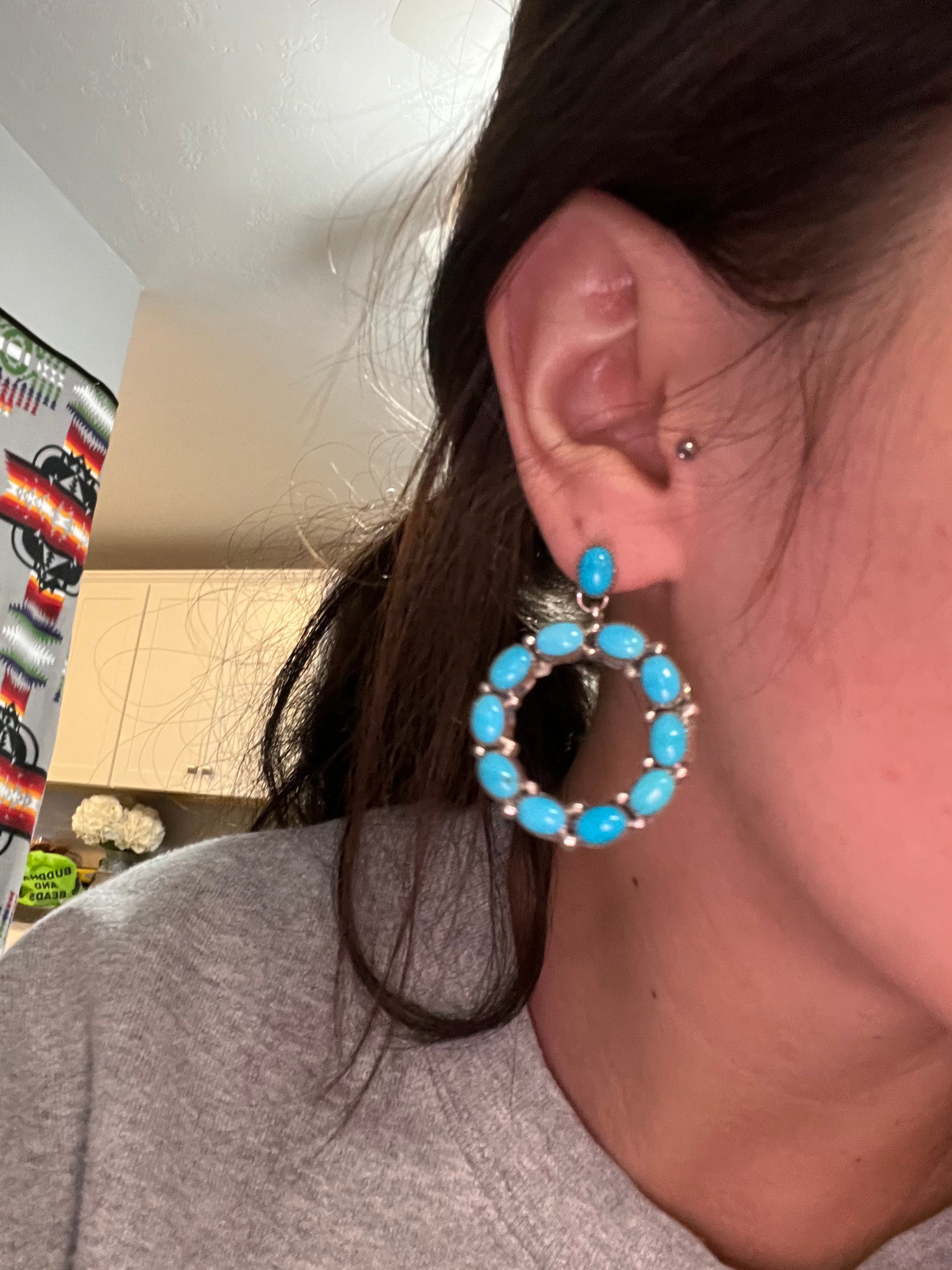 Navajo Made Sleeping Beauty Turquoise & Sterling Silver Post Dangle Earrings