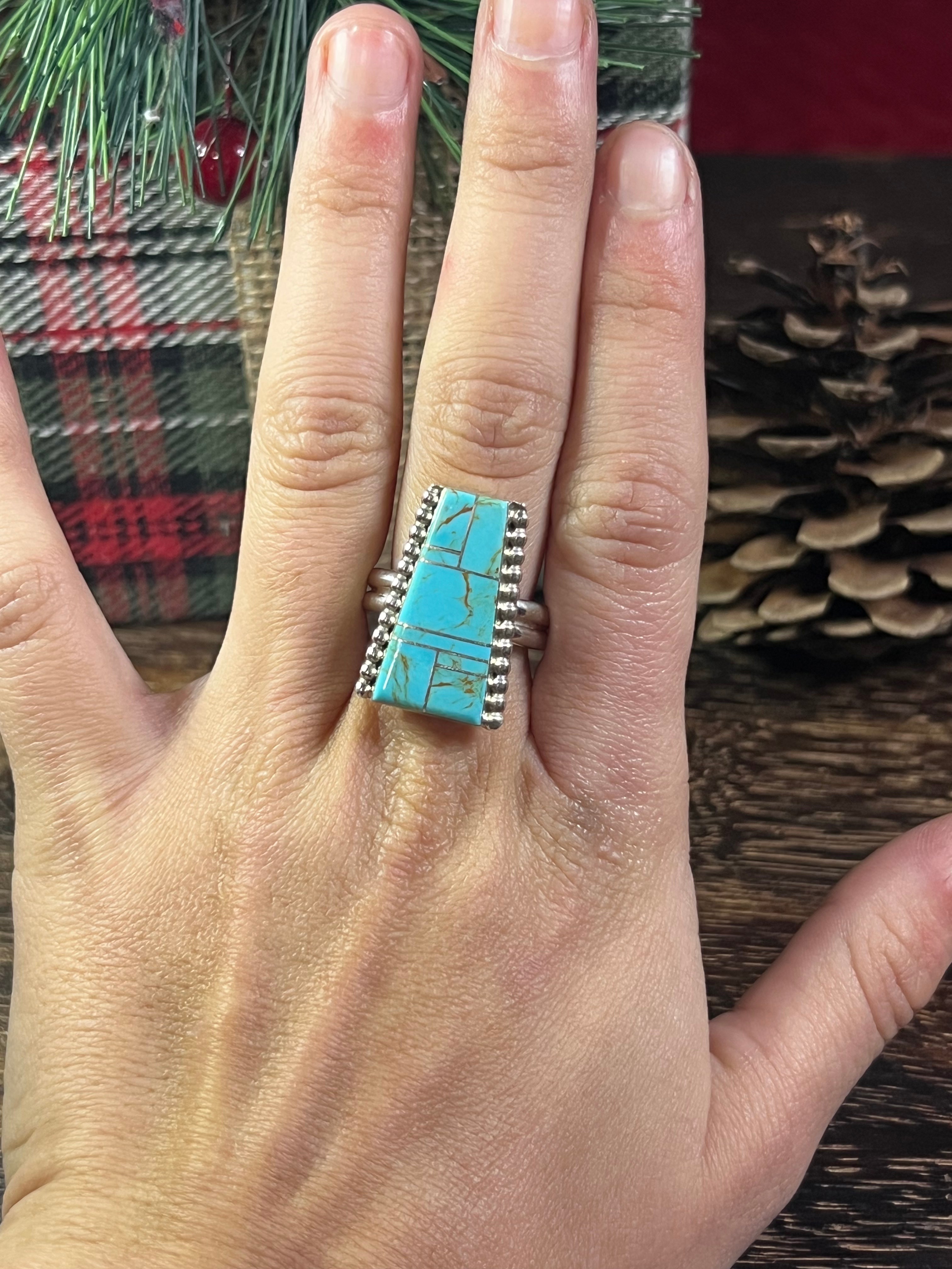 Wilbert Grey #8 Turquoise & Sterling Silver Inlay Ring Size 9