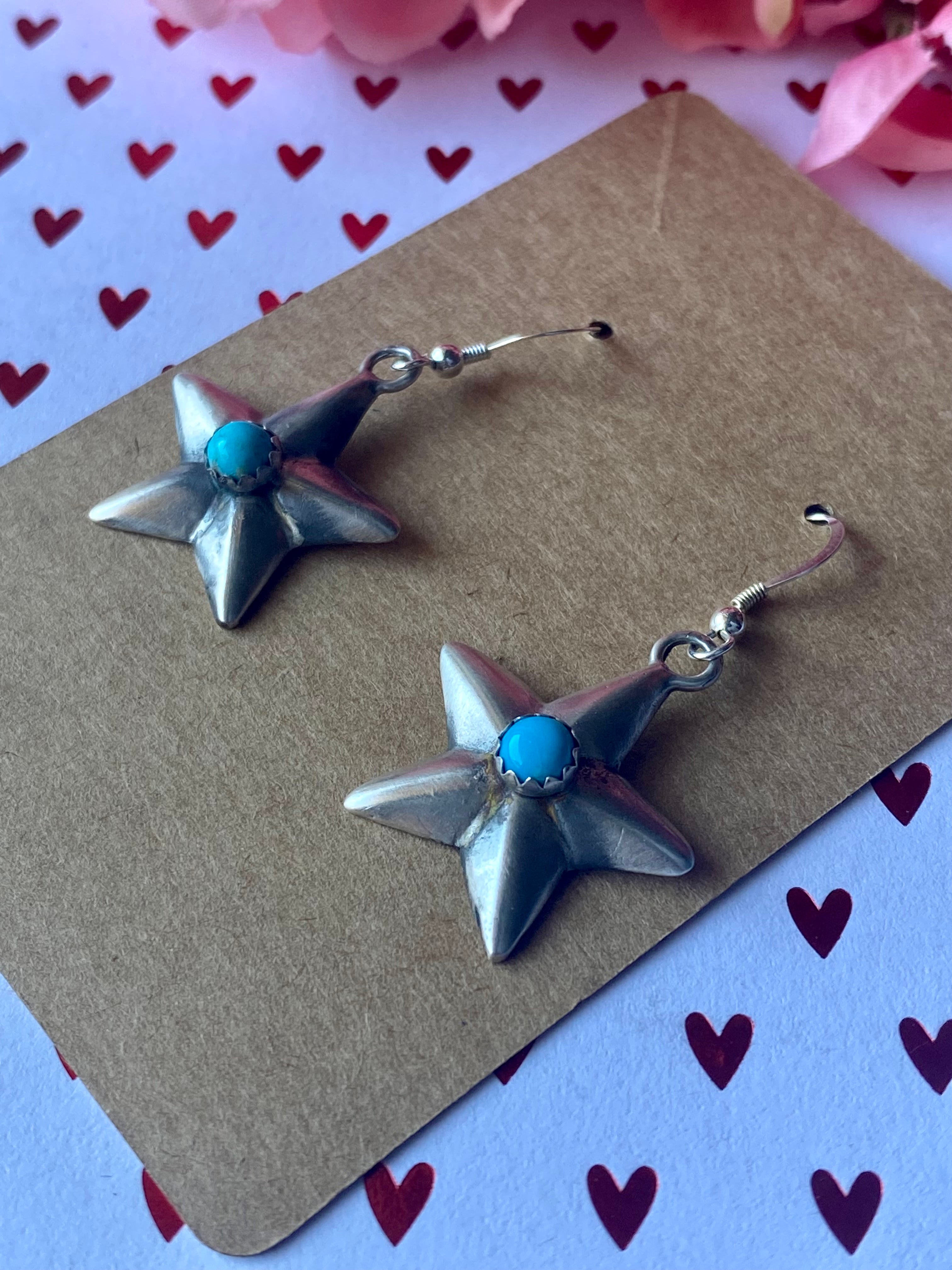 Navajo Made Kingman Turquoise & Sterling Silver Star Dangle Earrings