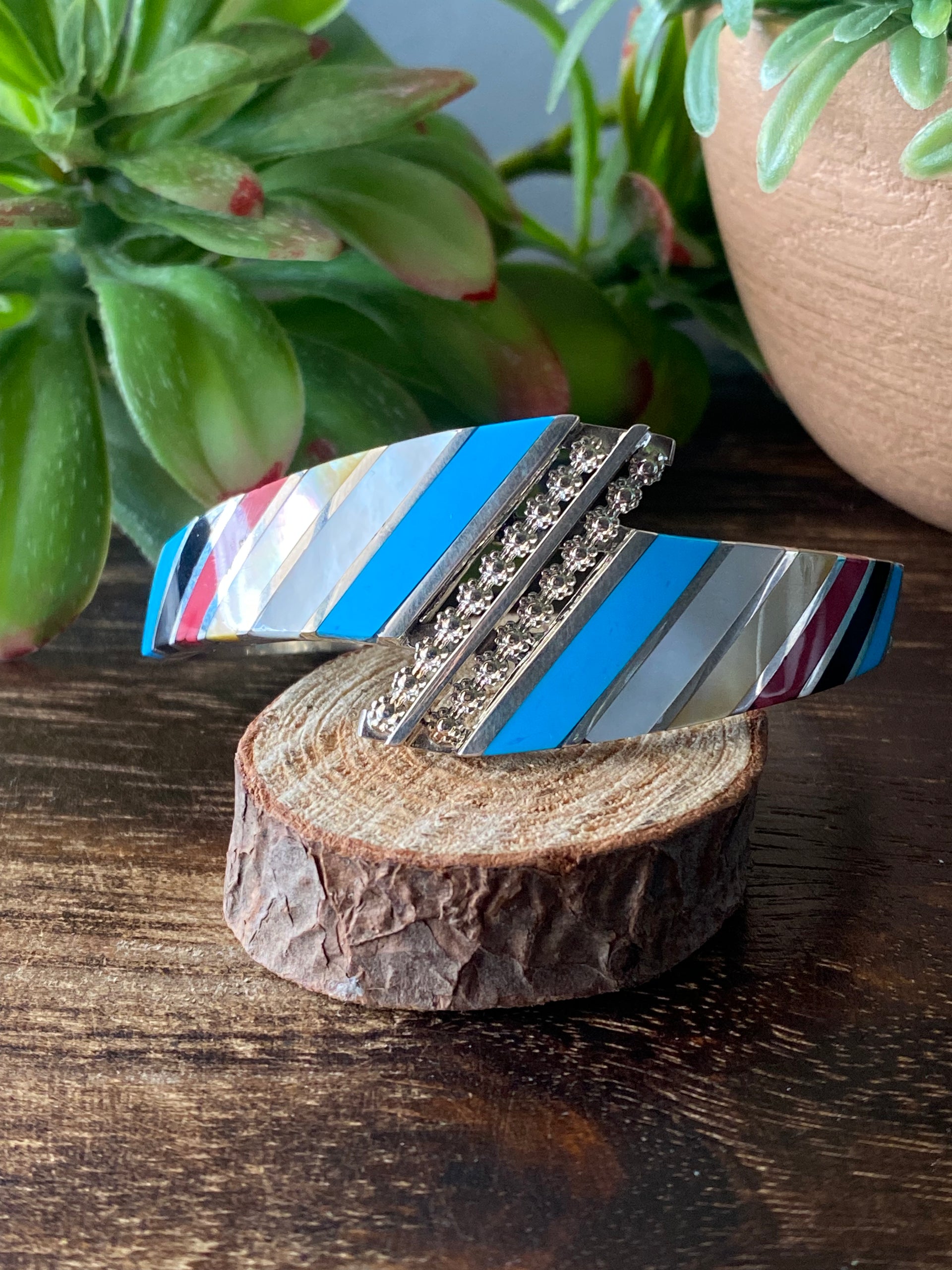 Zuni Made Multi Stone & Sterling Silver Inlay Cuff Bracelet