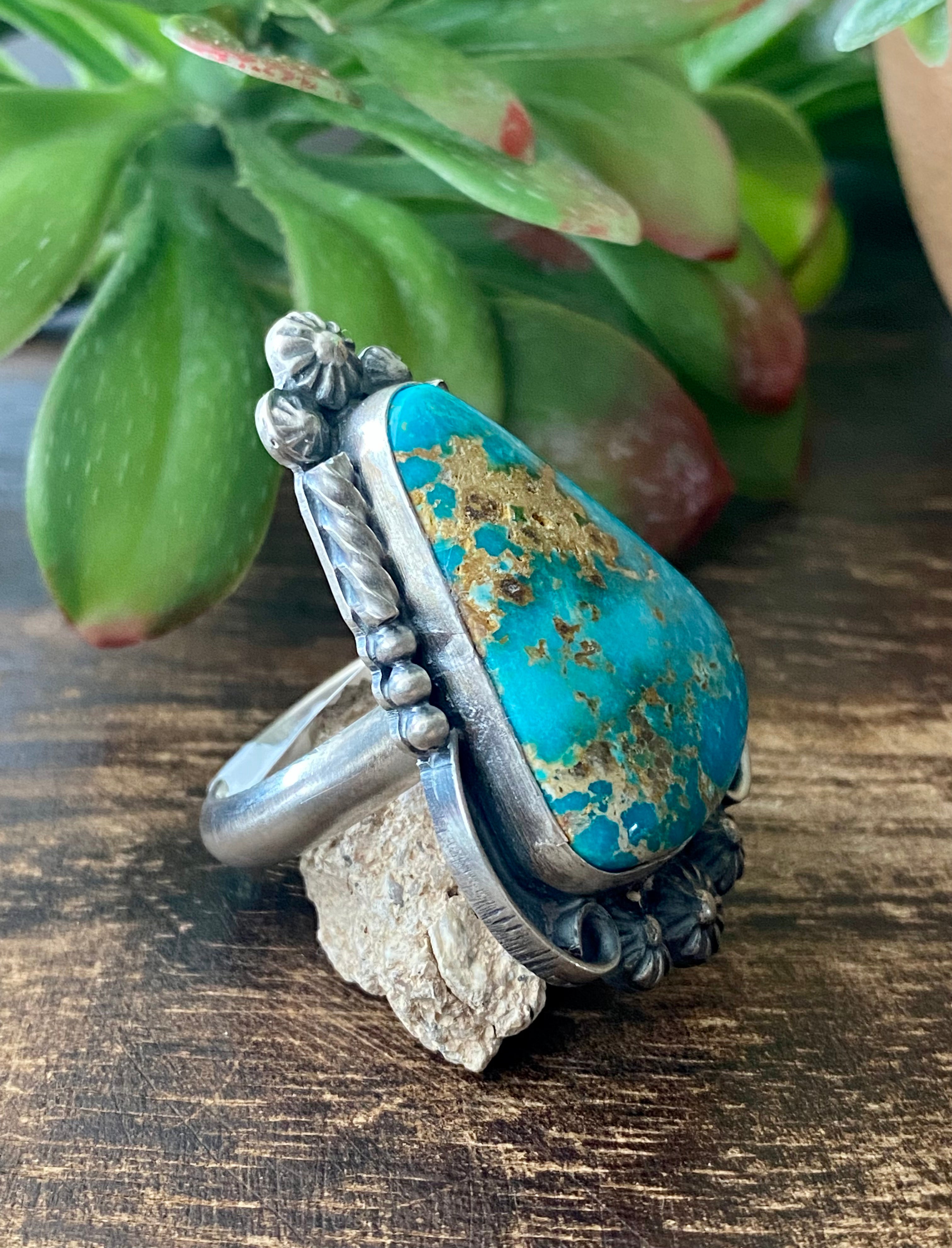 Larry Yazzie Sonoran Rose Turquoise & Sterling Silver Adjustable Ring Size 11