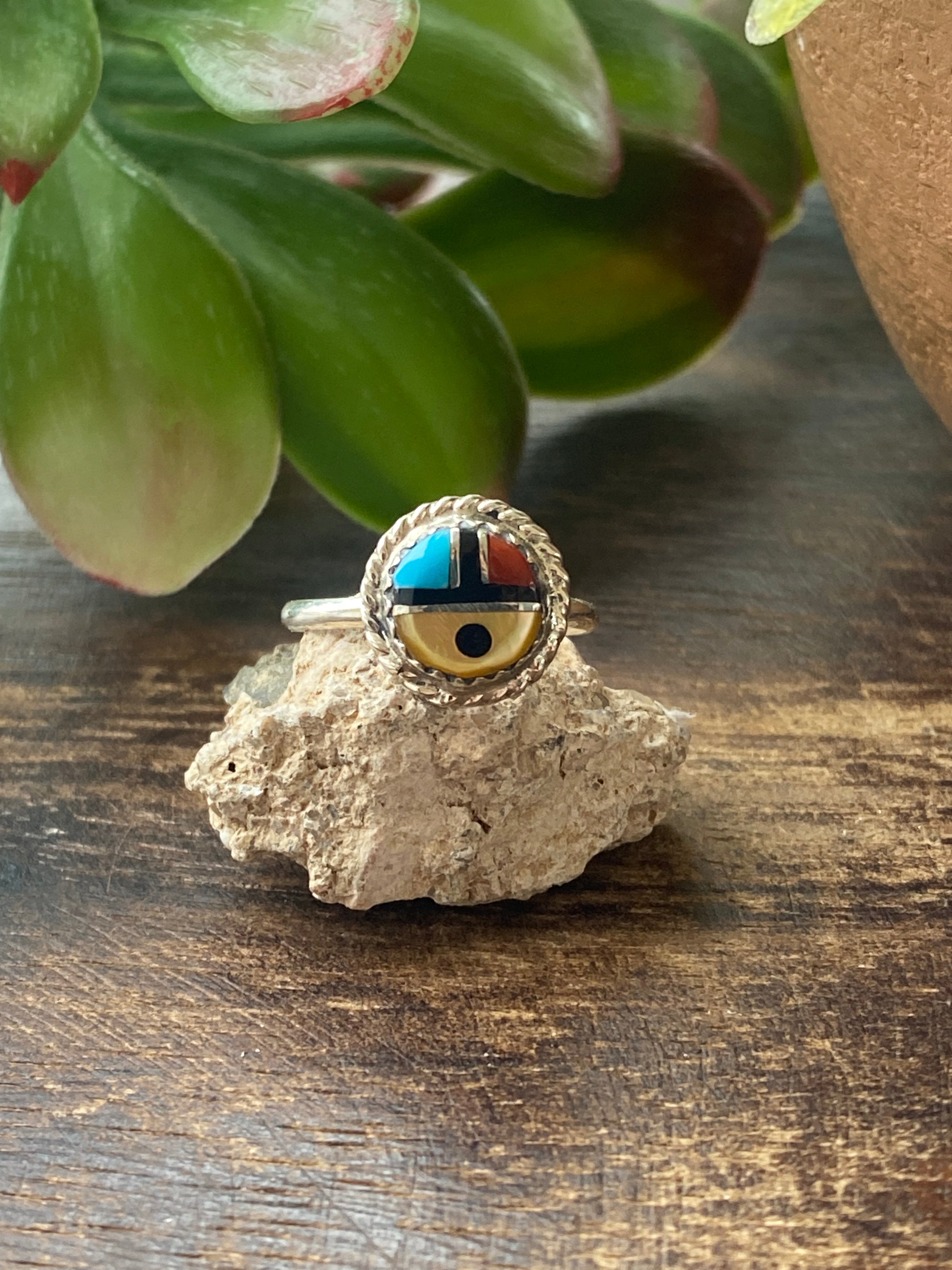 Zuni Made Multi Stone & Sterling Silver Sunface Inlay Ring