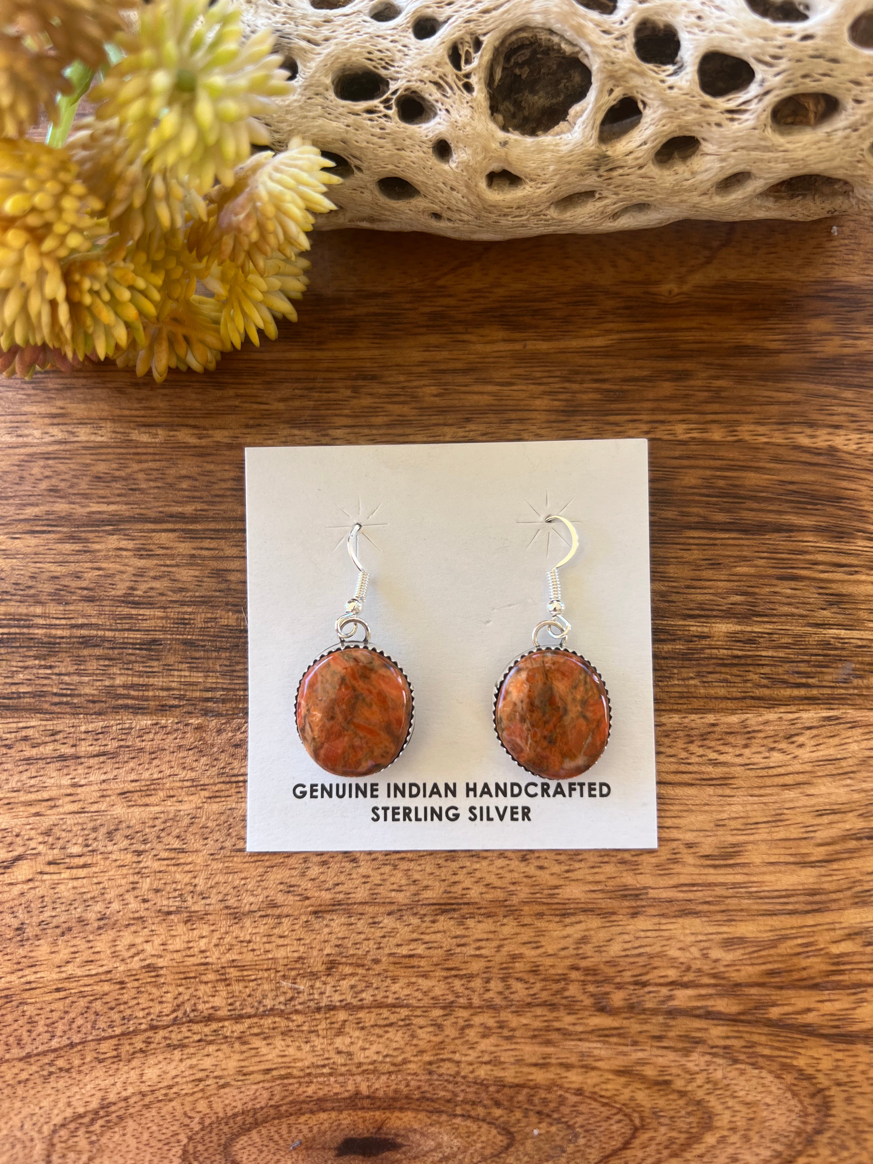 Navajo Made Apple Coral & Sterling Silver Dangle Earrings