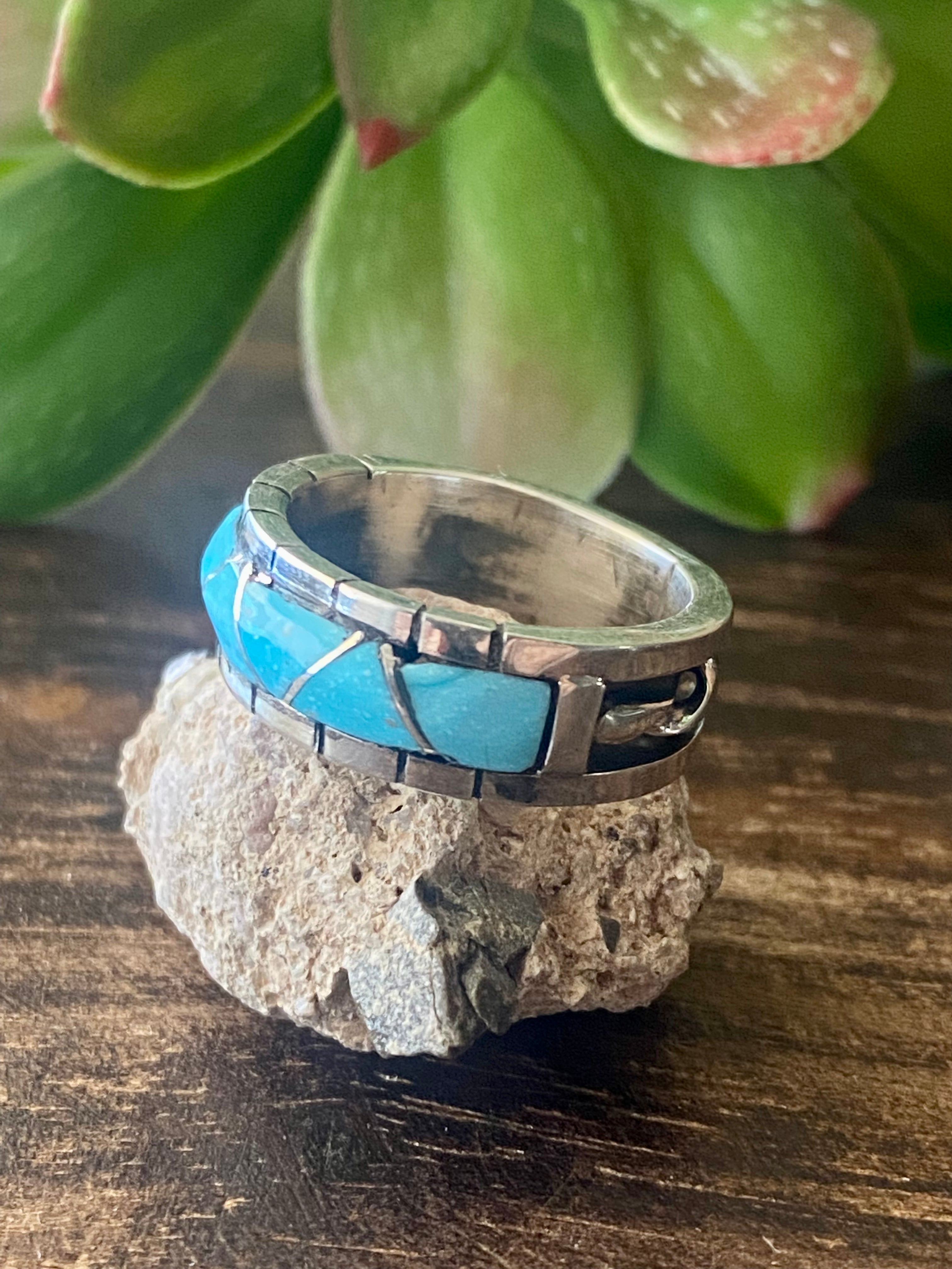 Zuni Made Turquoise & Sterling Silver Inlay Ring Size 6.25