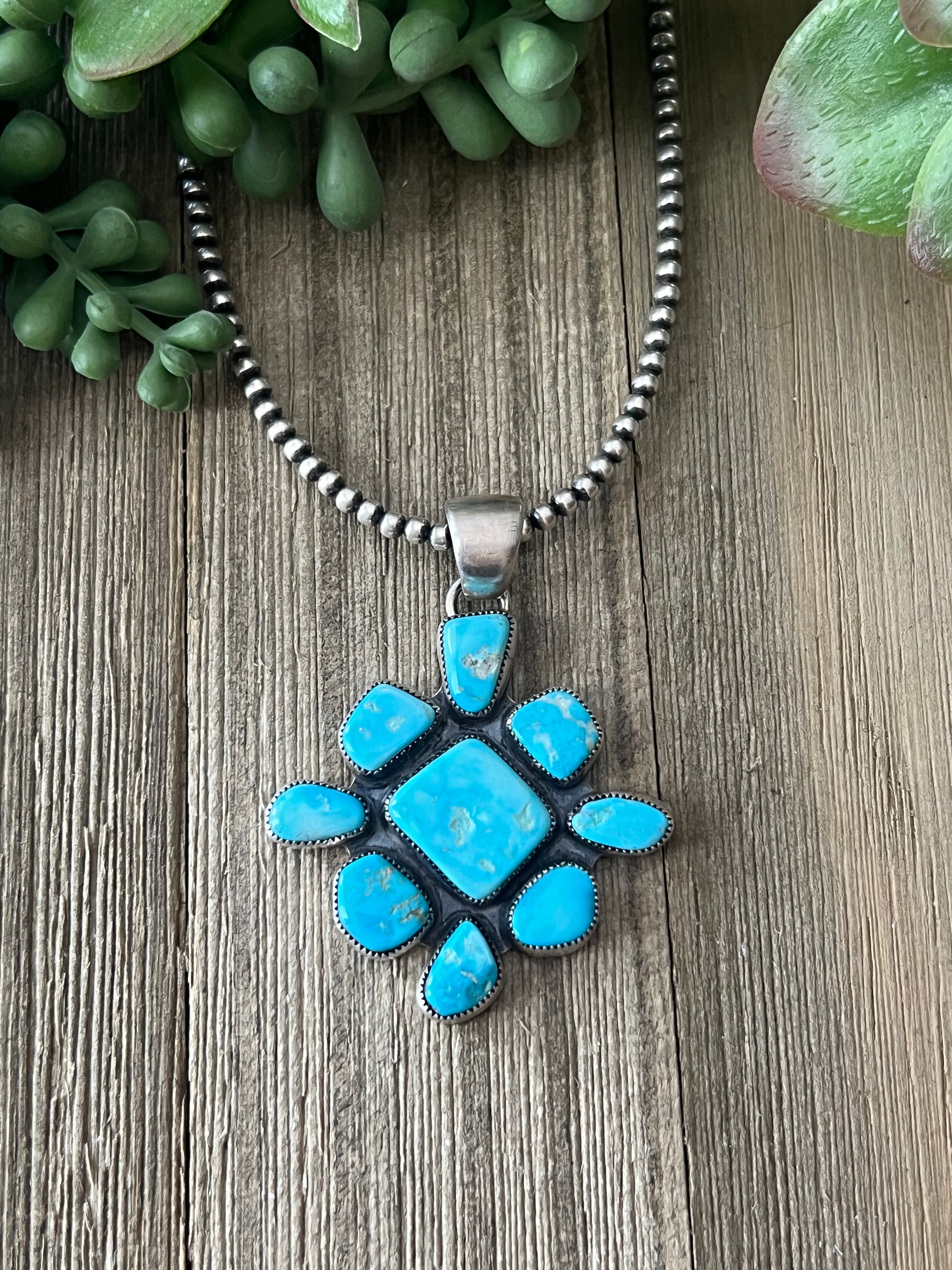 Navajo Made Kingman Turquoise & Sterling Silver Cluster Pendant