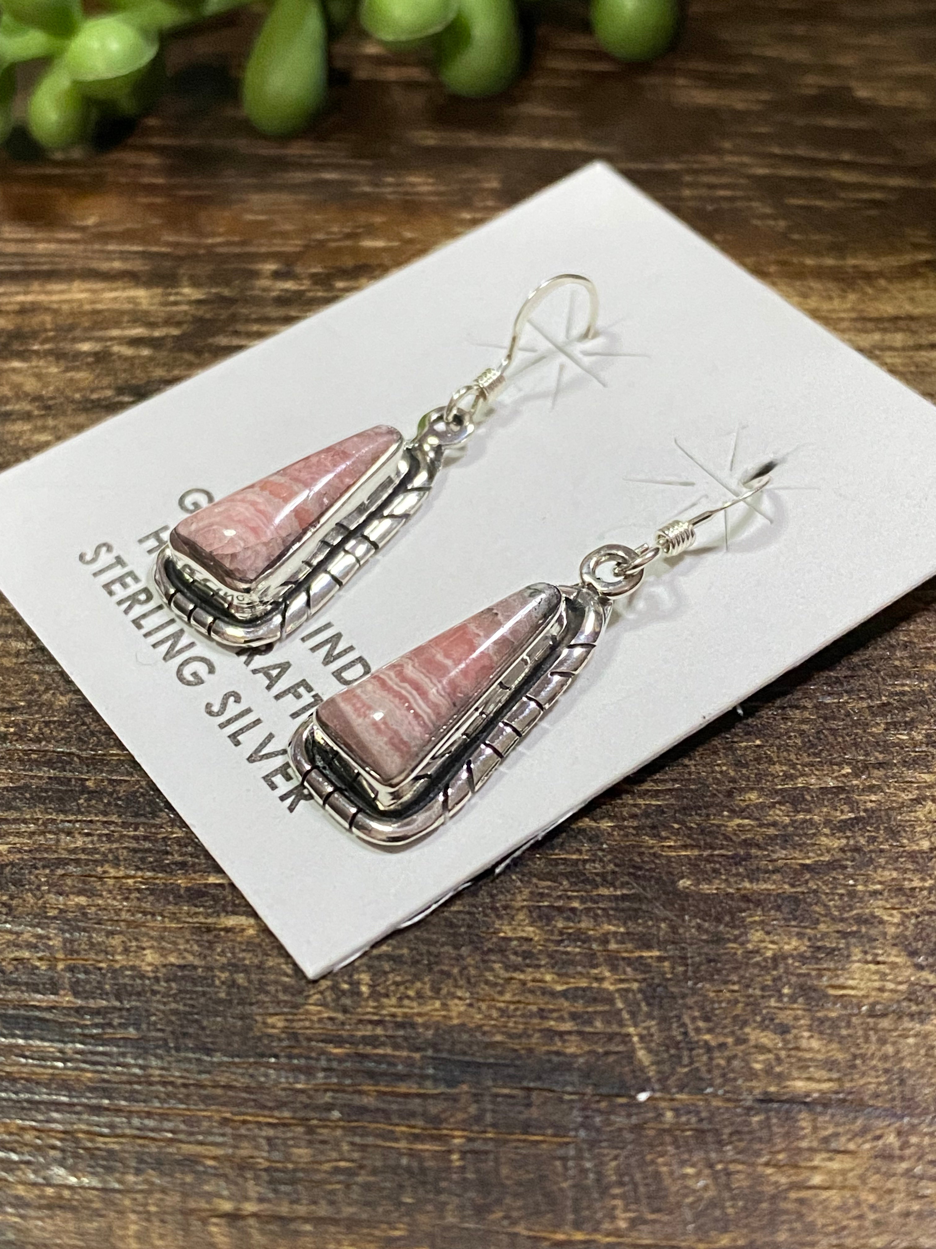 Navajo Made Rhodochrosite & Sterling Silver Dangle Earrings