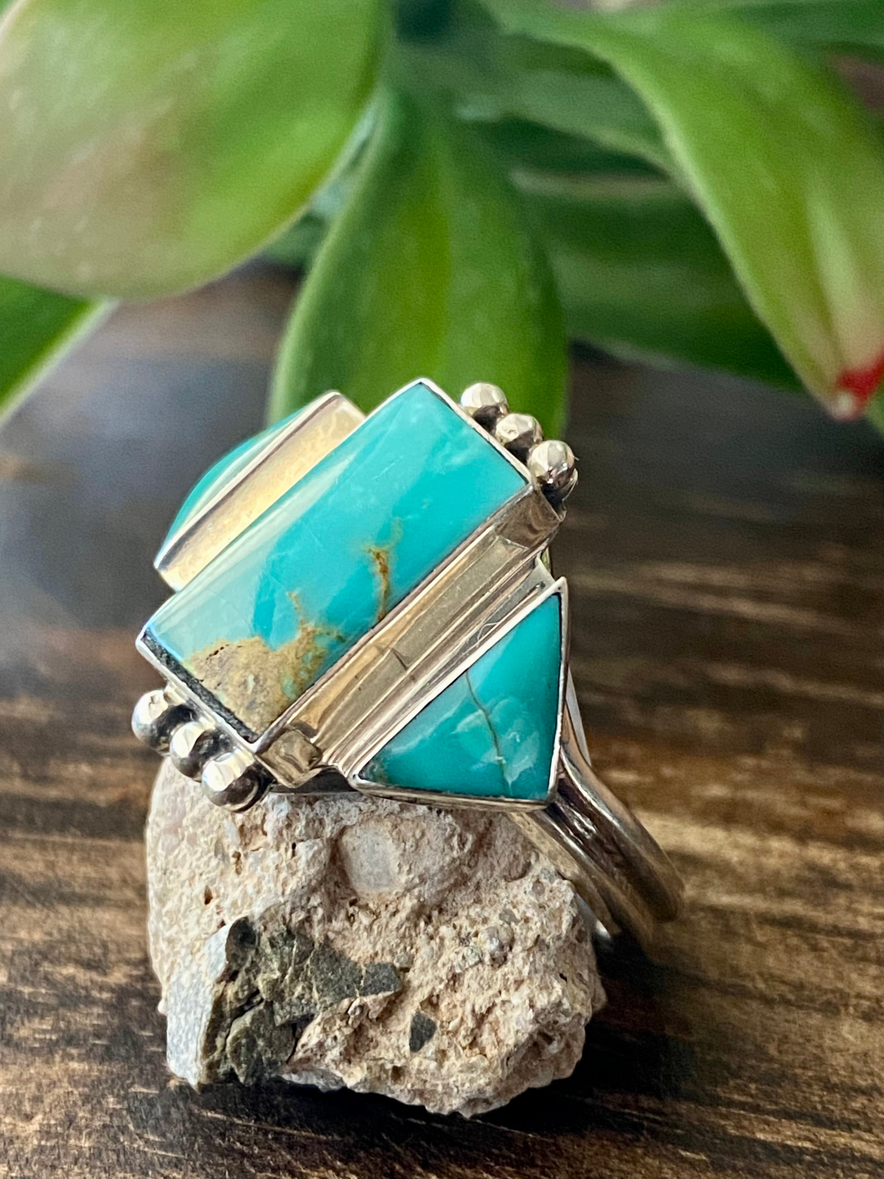 Genevieve Francisco Kingman Turquoise & Sterling Silver Ring Size 11.75