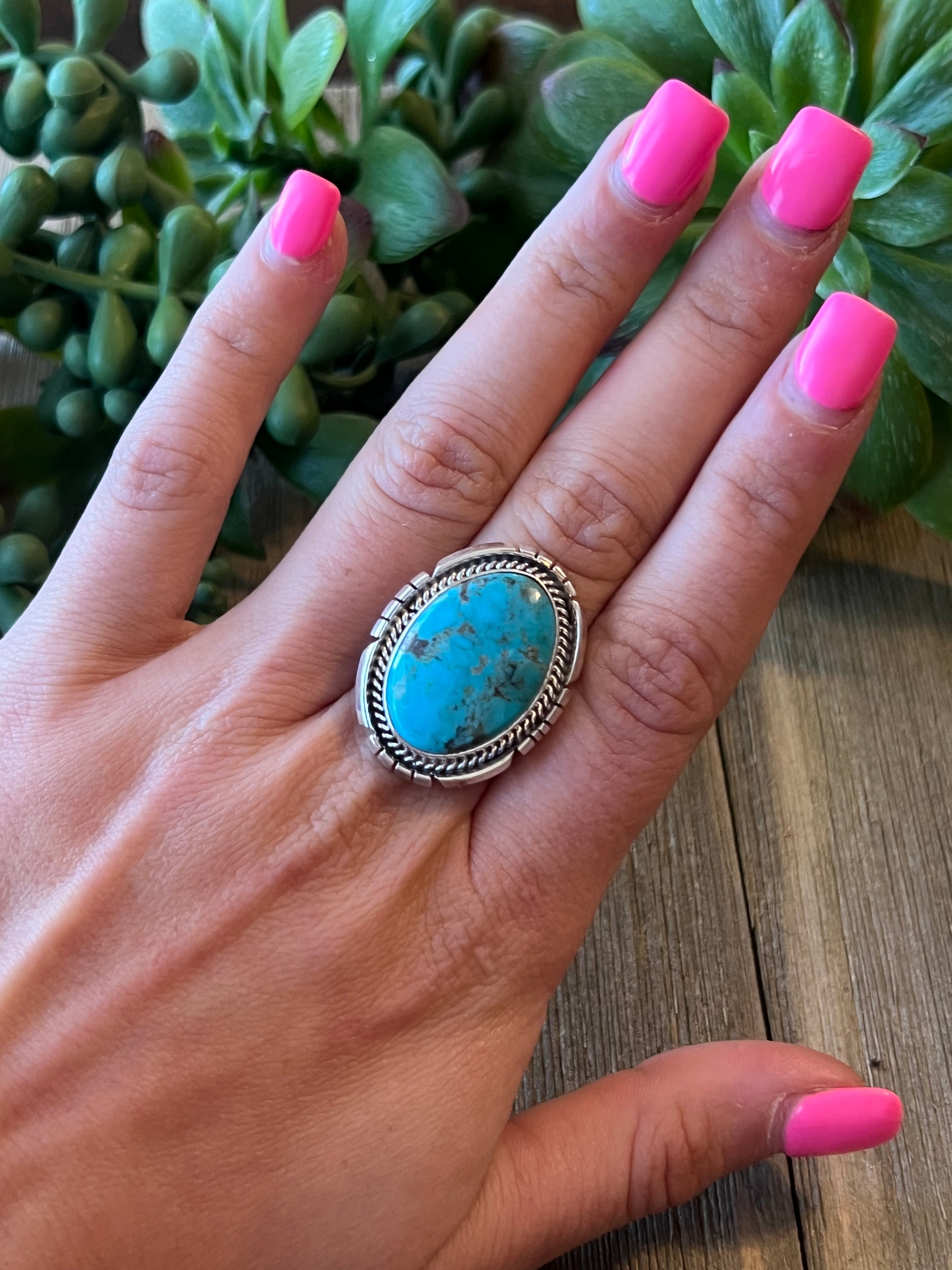 Navajo Made Kingman Turquoise & Sterling Silver Ring Size 5.75