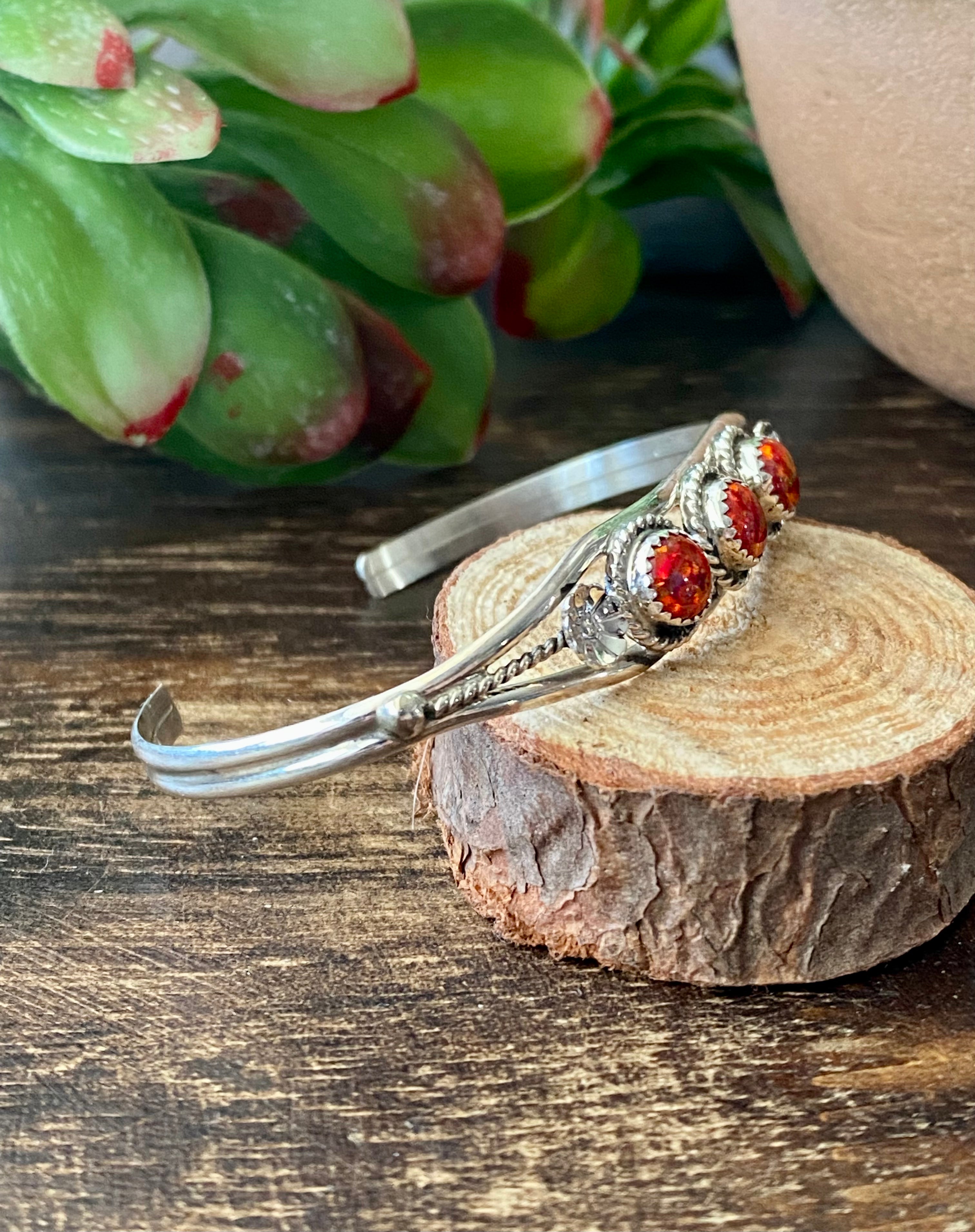 Navajo Made Red Opal & Sterling Silver Cuff Bracelet