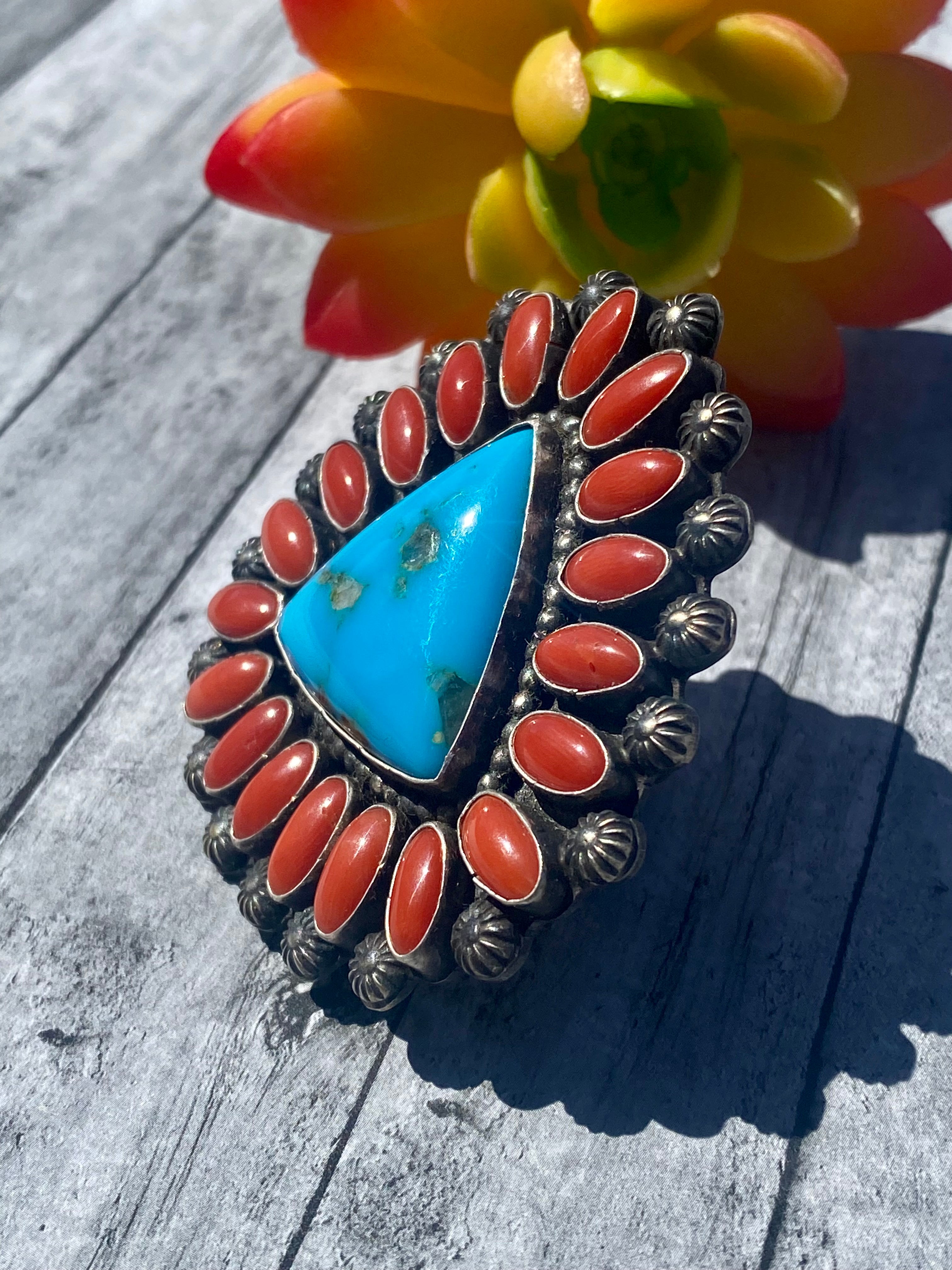 Shawn Cayatineto Kingman Turquoise & Coral Sterling Silver Ring Size 7.5