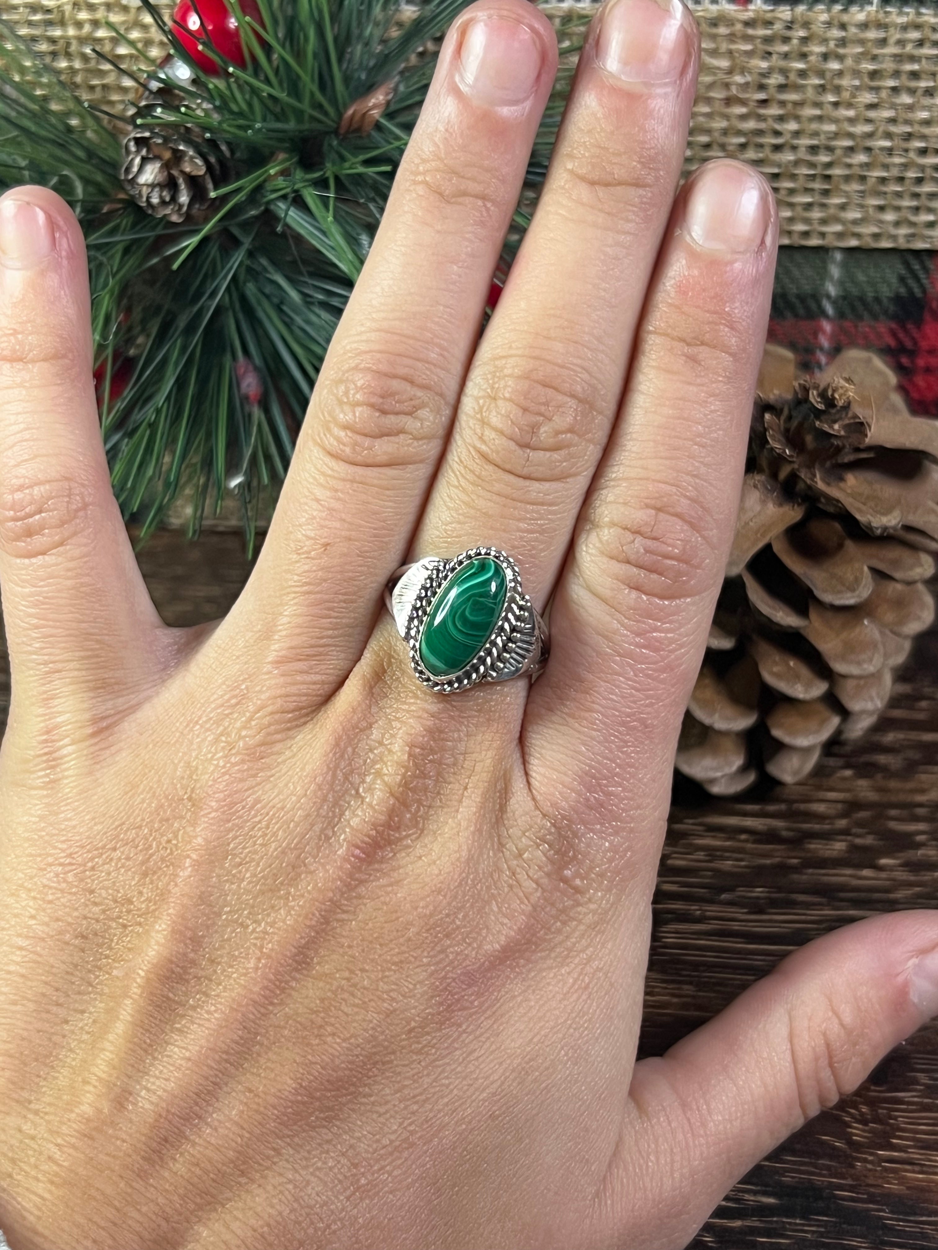 Navajo Made Malachite & Sterling Silver Ring Size 8