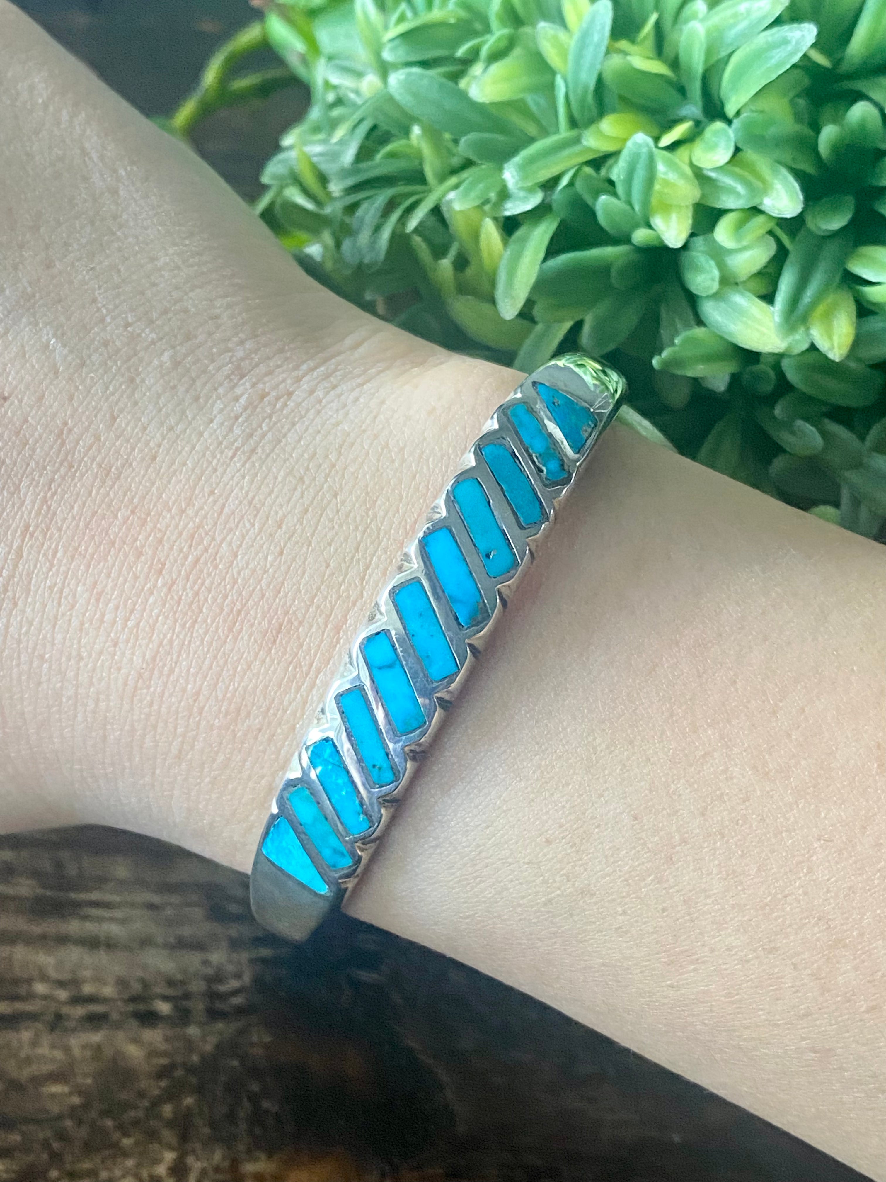 Vintage Navajo Made Kingman Turquoise & Sterling Silver Inlay Cuff Bracelet