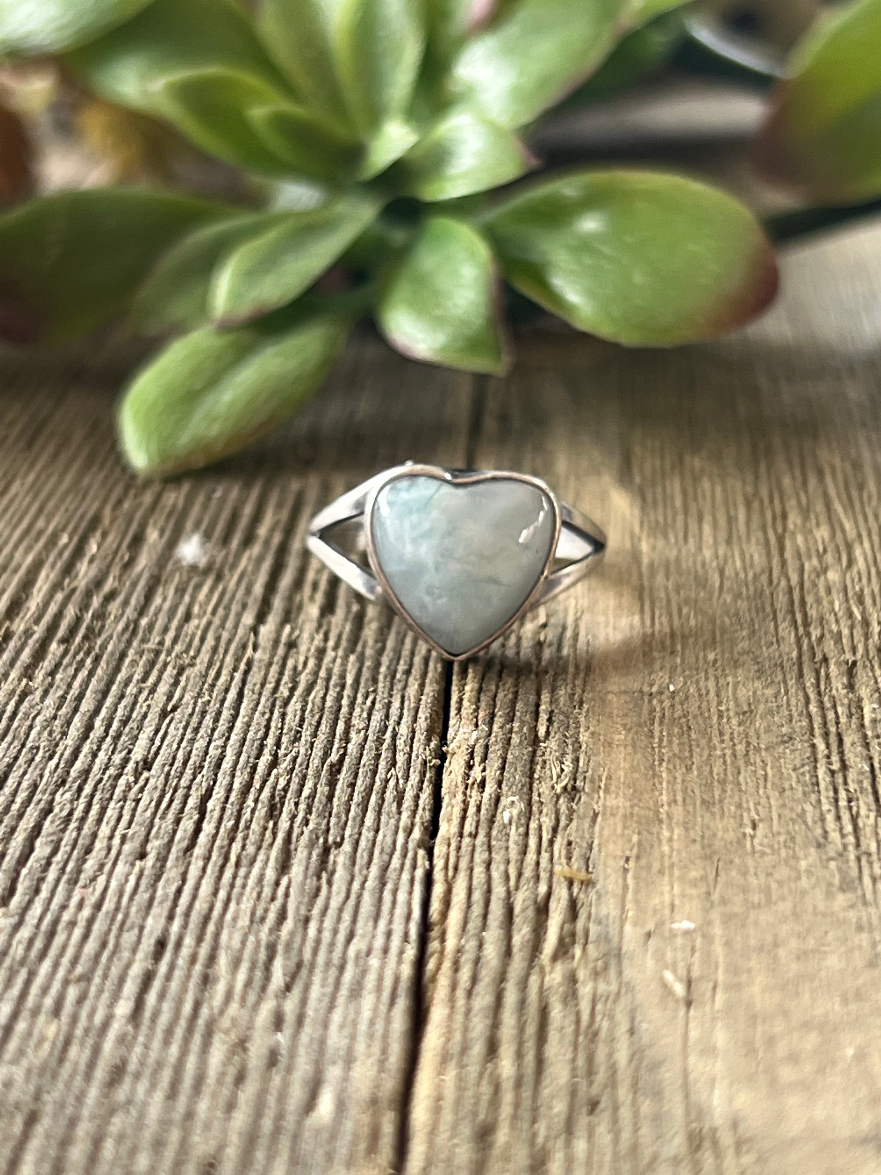 Navajo Made Larimar & Sterling Silver Heart Ring Size 7.5